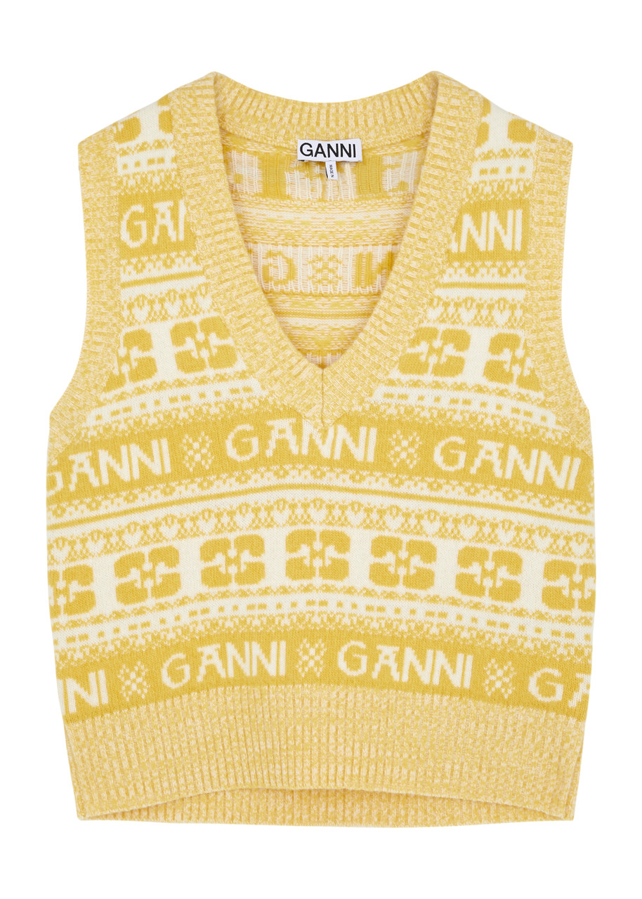 Ganni Striped Logo-intarsia Wool-blend Vest - Yellow - XS