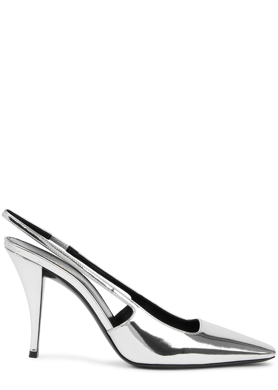 Saint Laurent Blade 90 Metallic Leather Slingback Pumps - Silver