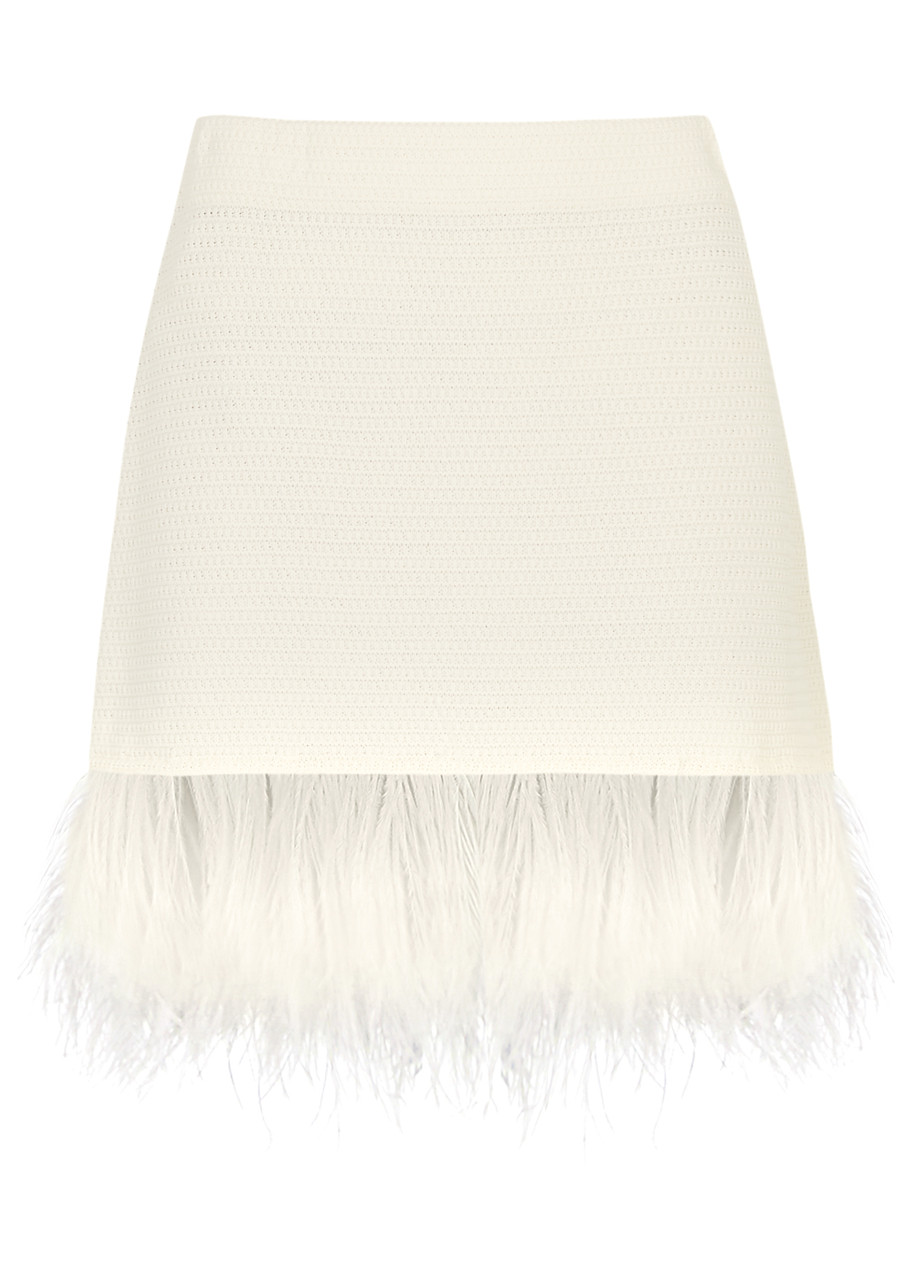 Frame Feather-trimmed Crochet Mini Skirt - Off White - XS