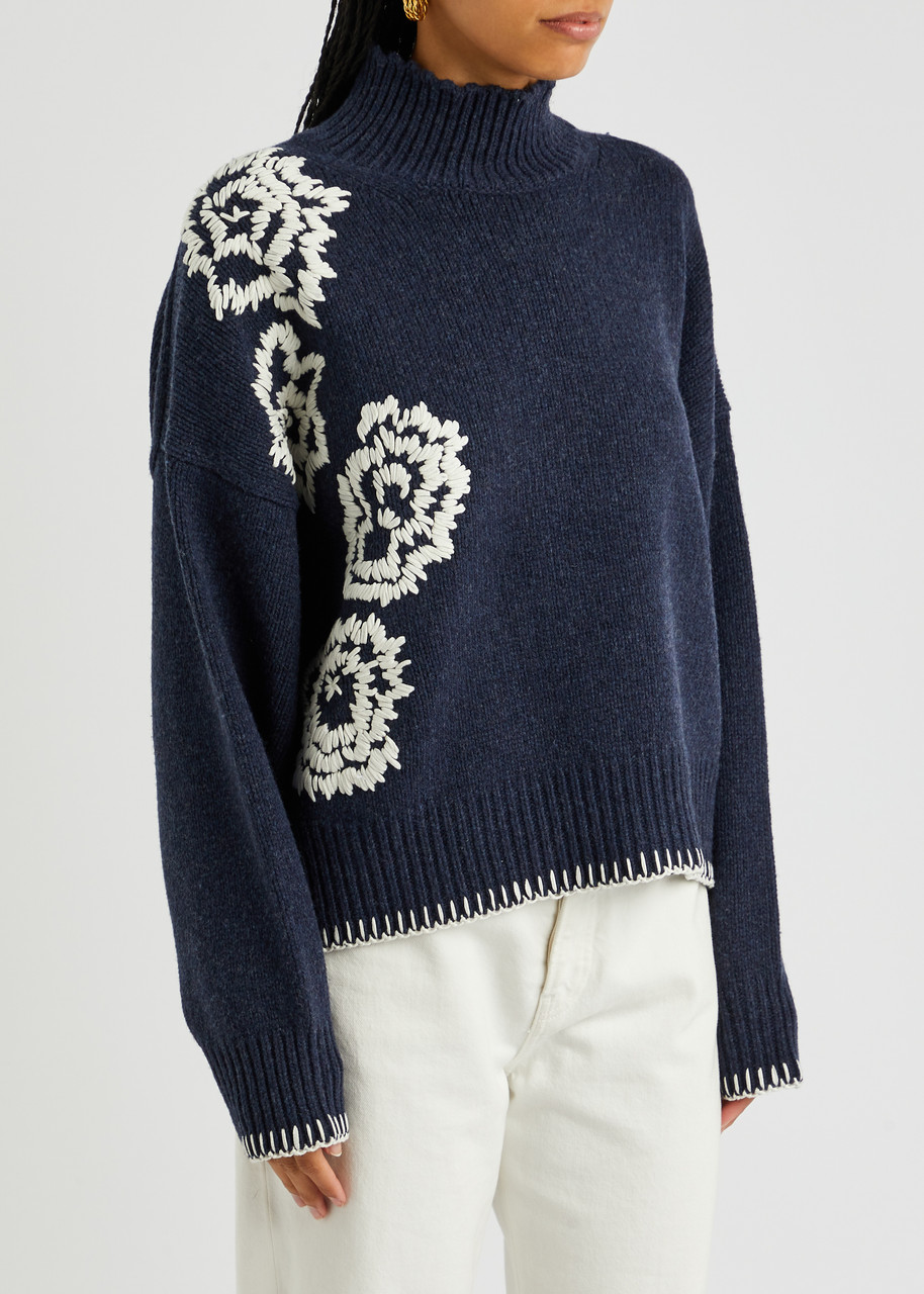  Merlette Lulea Embroidered Wool-blend Jumper - Navy - S (uk 8-10 / S) 