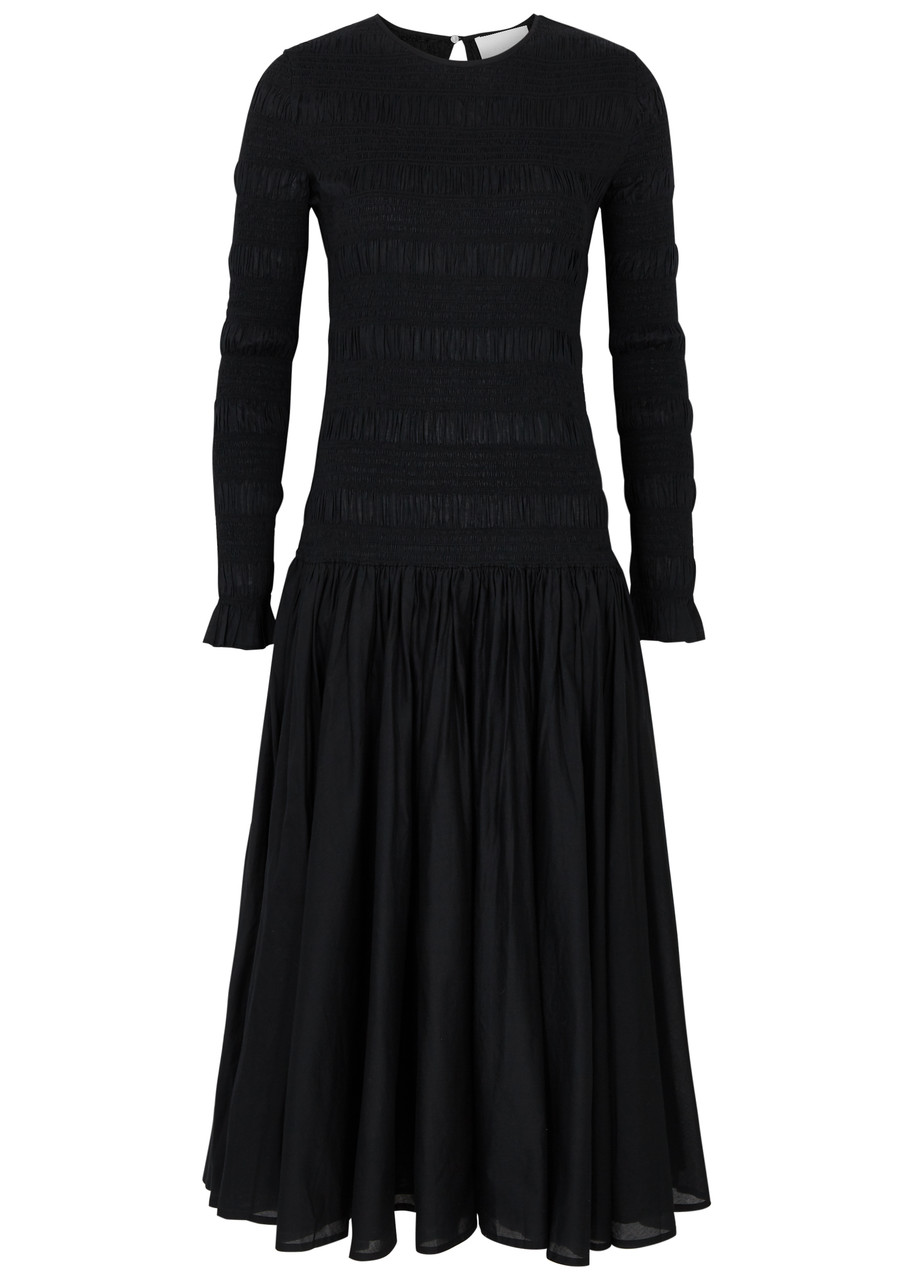 Merlette Syden Smocked Cotton Midi Dress In Black