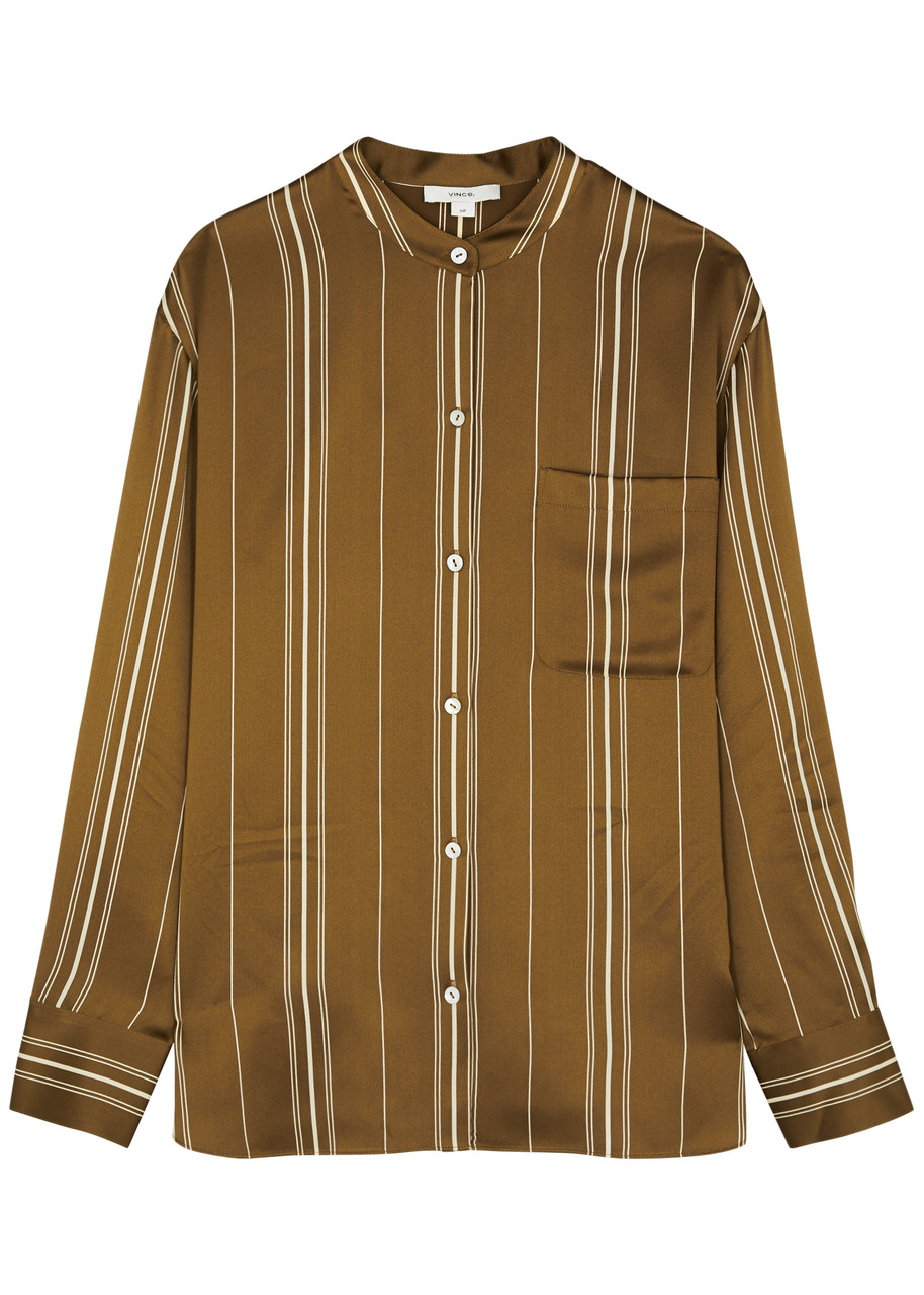 Vince Striped Silk-satin Shirt In Brown