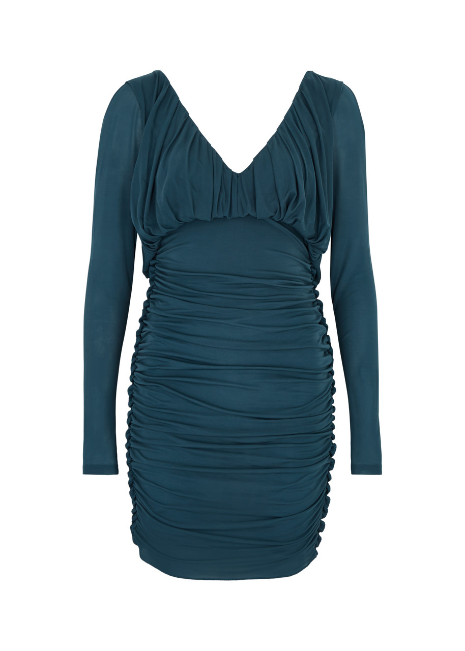 Saint Laurent - Women's Teal Draped Slim-fitting Jersey Mini Dress - Size 14 & V-neck
