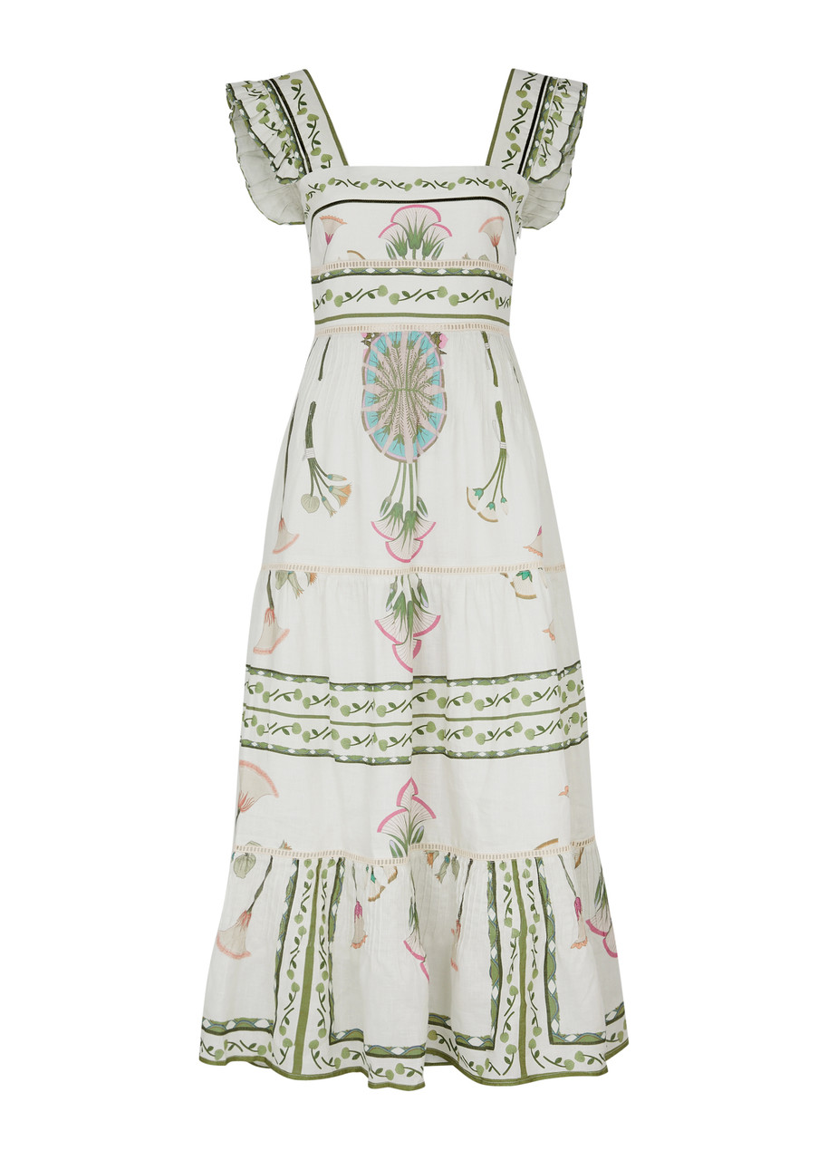 Lug Von Siga Sybill Floral-print Linen Midi Dress In Off White