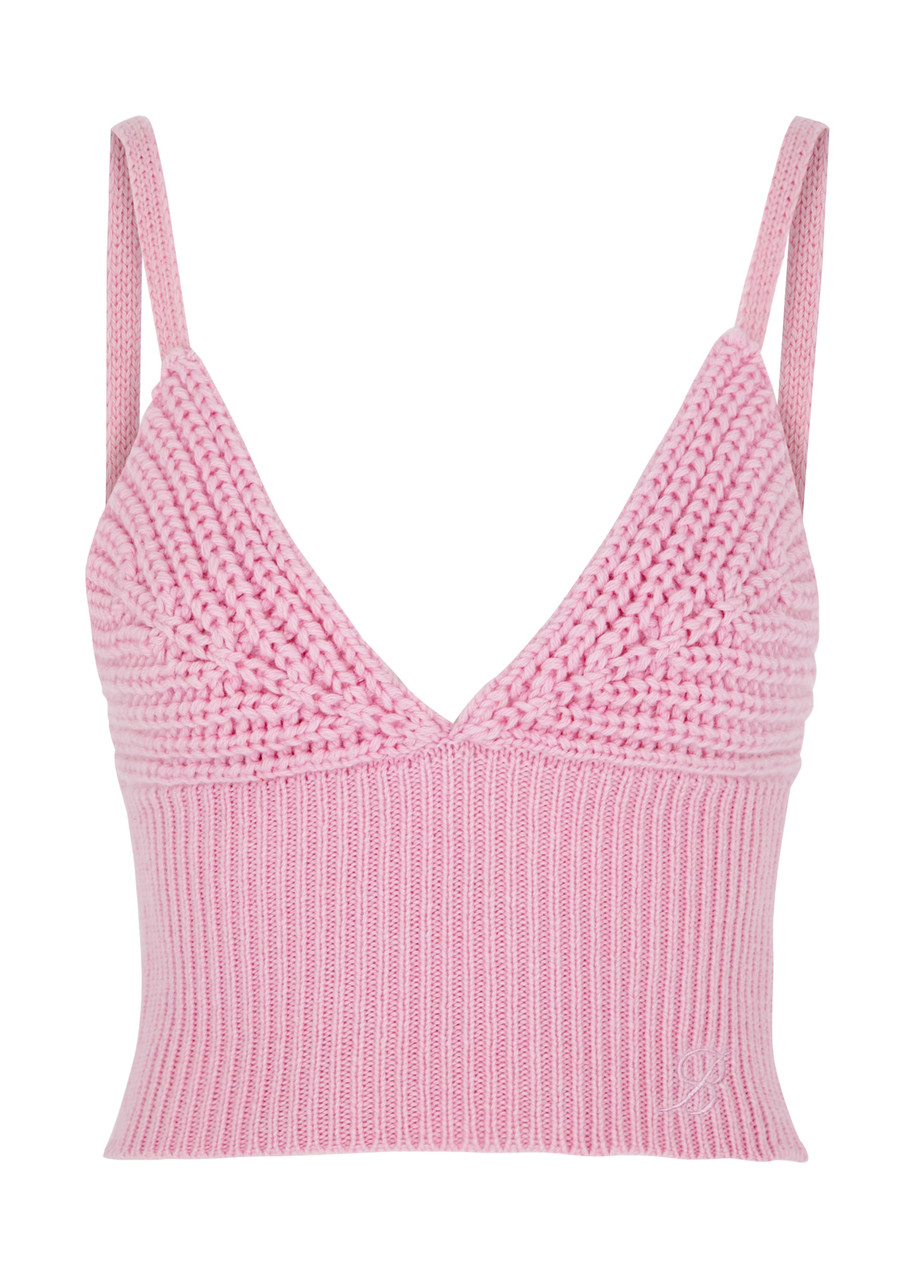 Blumarine Logo-embroidered Ribbed Wool Top In Pink