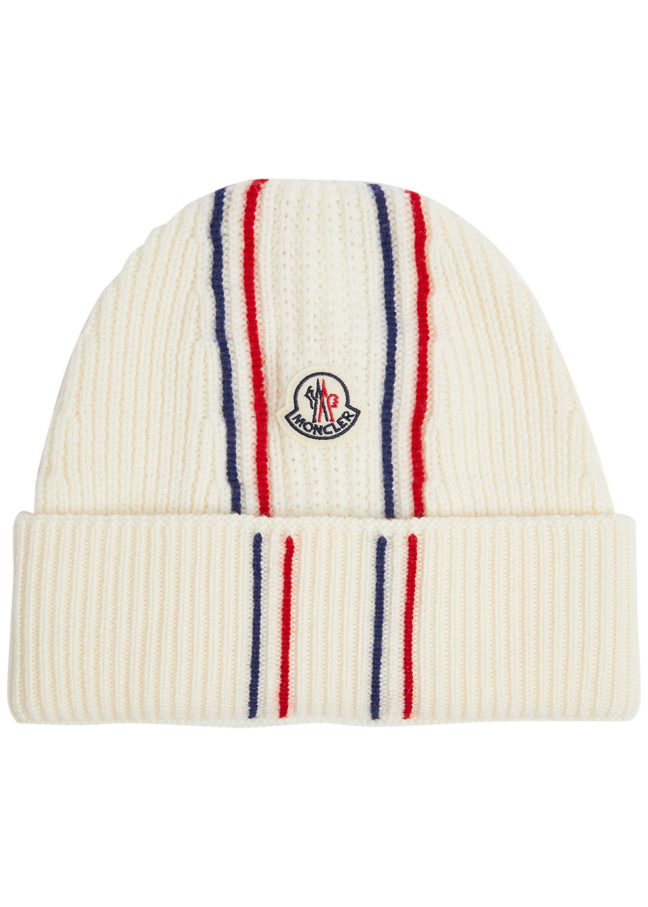 Moncler Striped Ribbed Wool Beanie In Cream