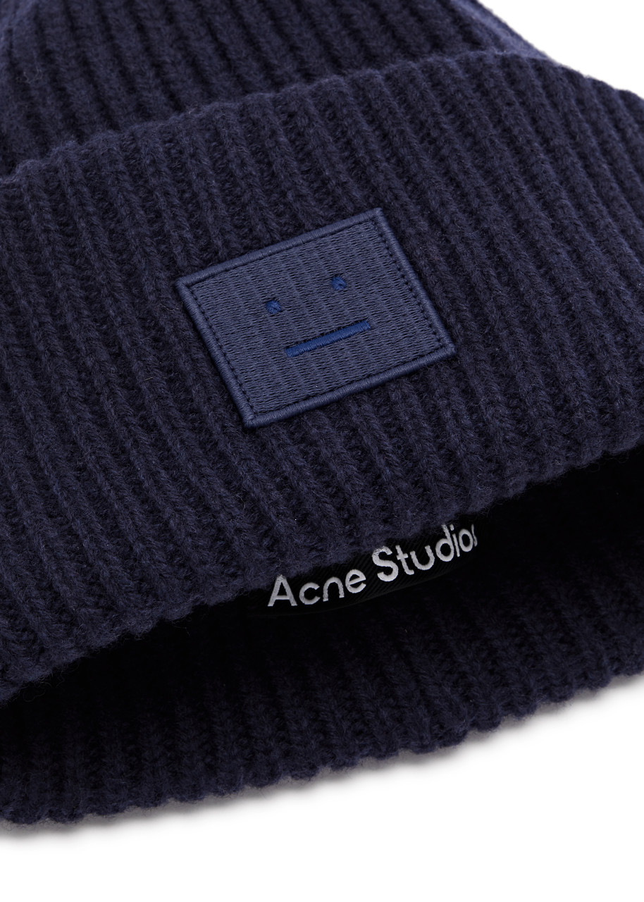  Acne Studios Pansy Logo Ribbed Wool Beanie - Navy 