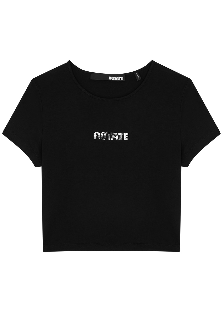 Rotate Birger Christensen Logo Cropped Stretch-jersey T-shirt In Black