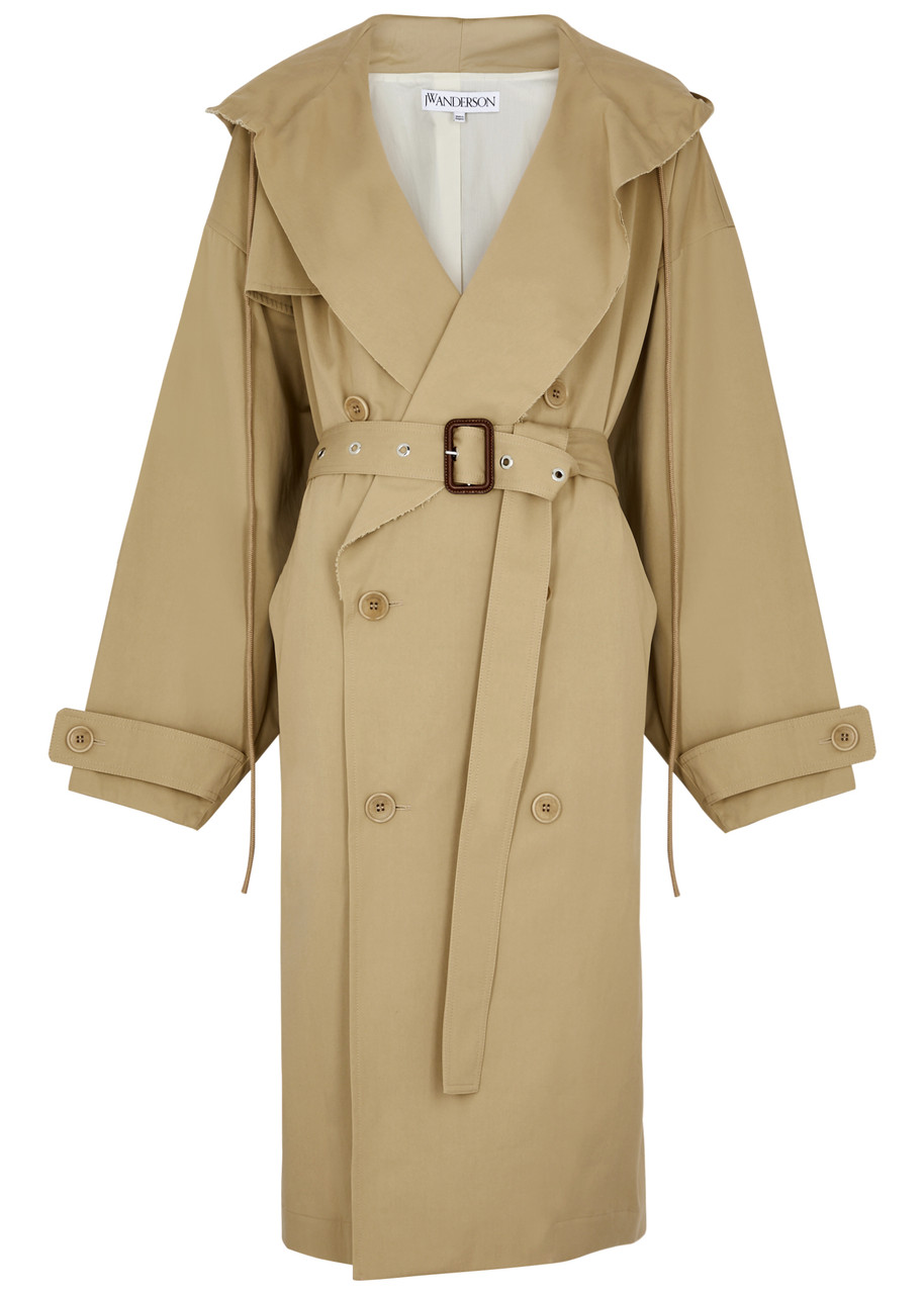 Jw Anderson Double-breasted Hooded Cotton Trench Coat In Beige
