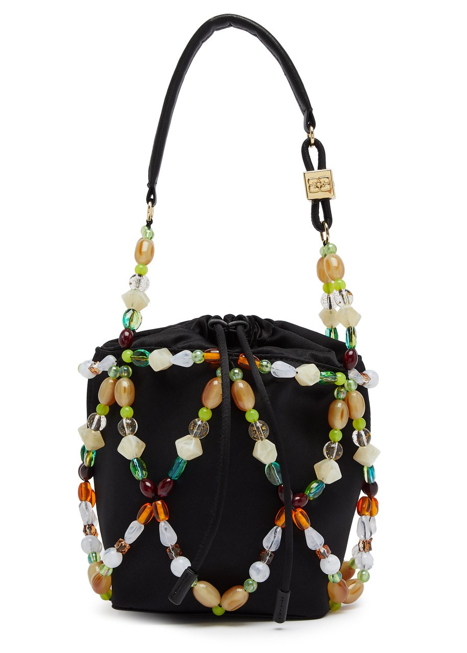 Ganni Bead-embellished Satin Bucket bag - Black - One Size