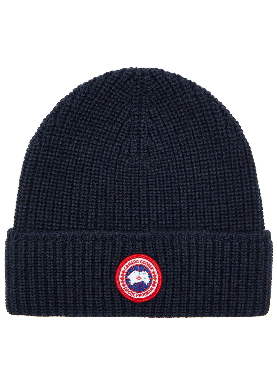 Shop Canada Goose Arctic Disc Ribbed Wool Beanie In Navy