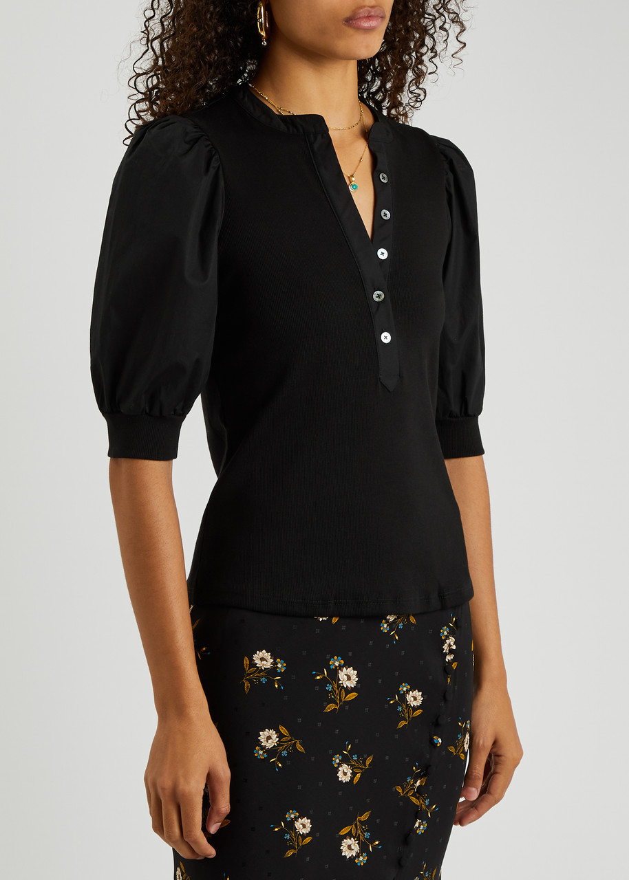 Veronica Beard Women Black Coralee Puff Sleeve Stretch Cotton Top Blouse