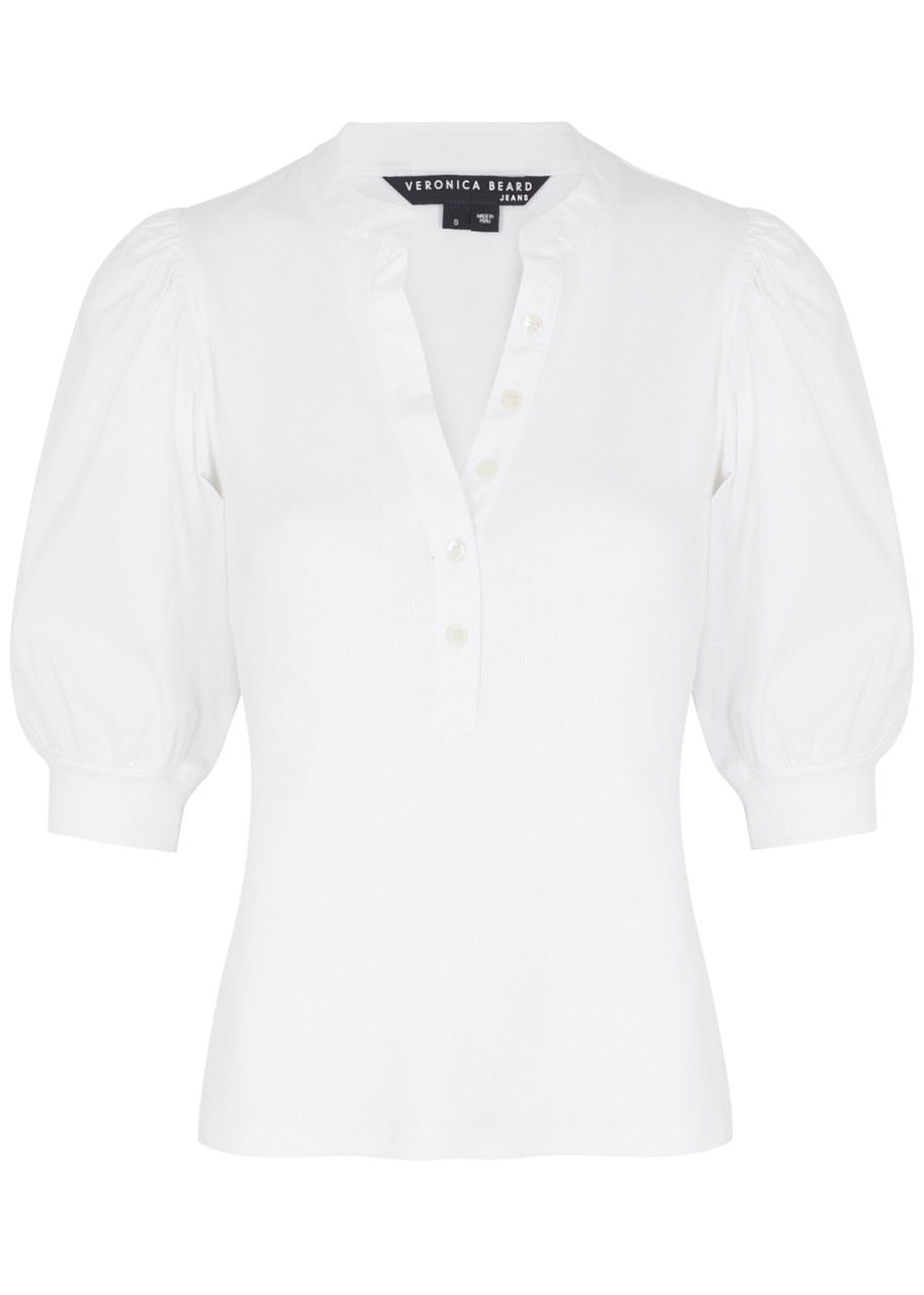 Veronica Beard Coralee Puff Sleeve Henley T-shirt In White