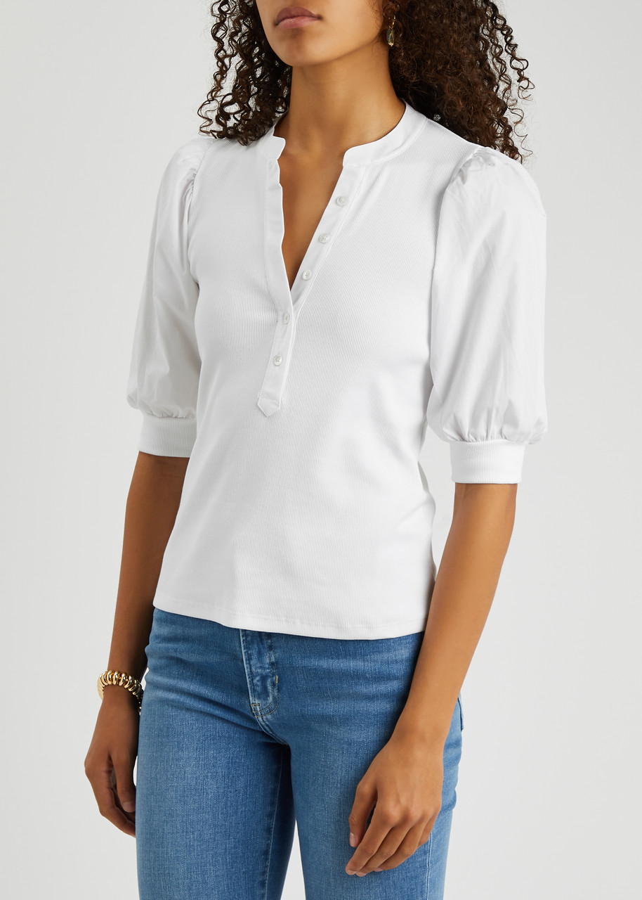 Veronica Beard Coralee Puff Sleeve Henley T-shirt In White