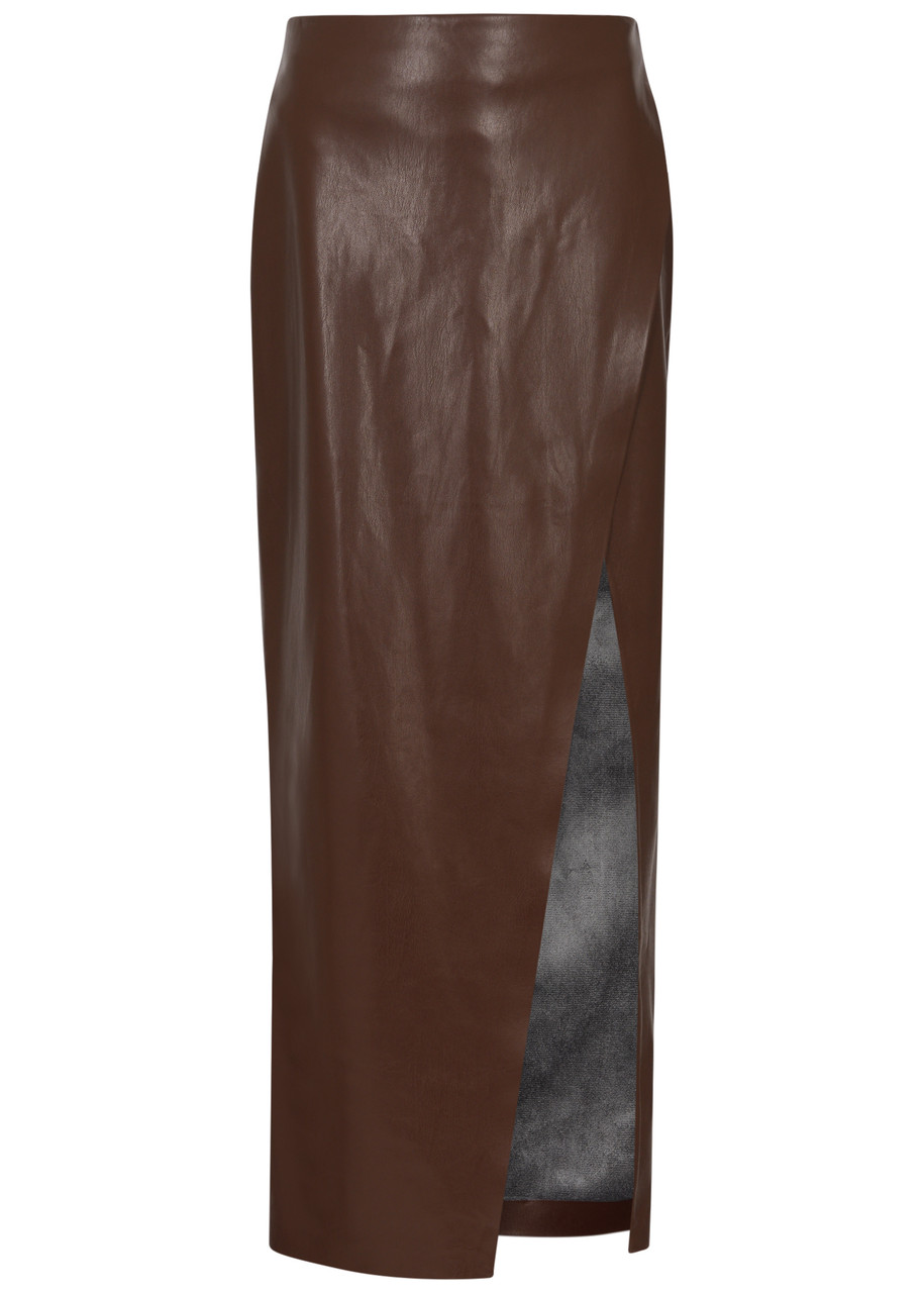 Alice And Olivia Siobhan Faux Leather Midi Wrap Skirt In Brown