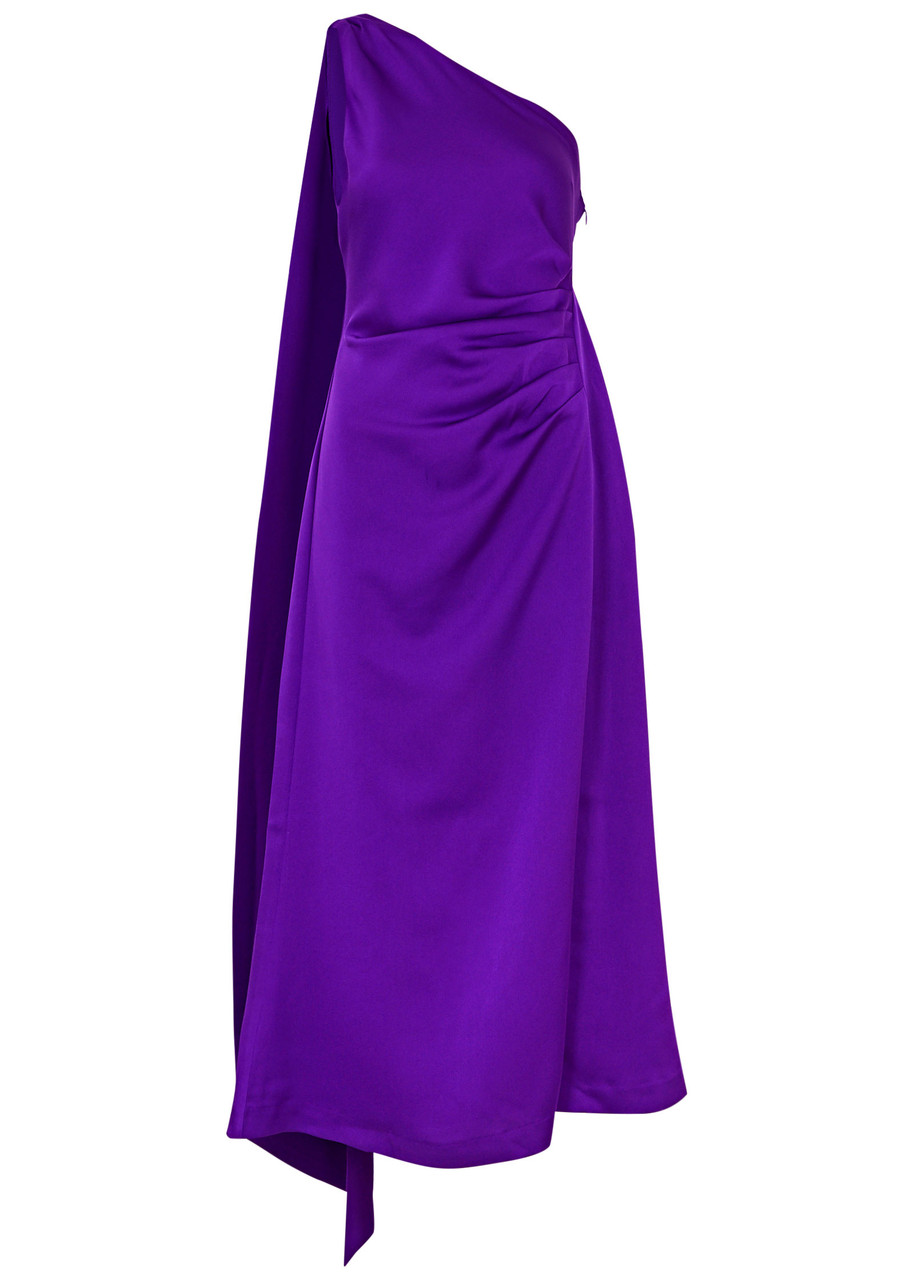 Misha Estra One-shoulder Satin Midi Dress In Purple