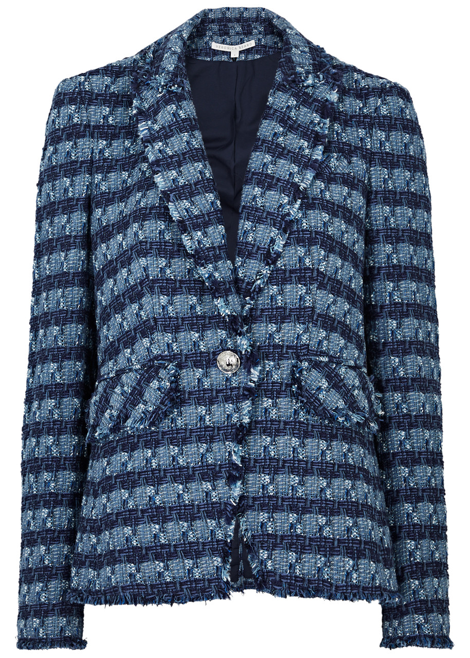 Veronica Beard Cutaway Dickey Striped Tweed Blazer - Blue - 14