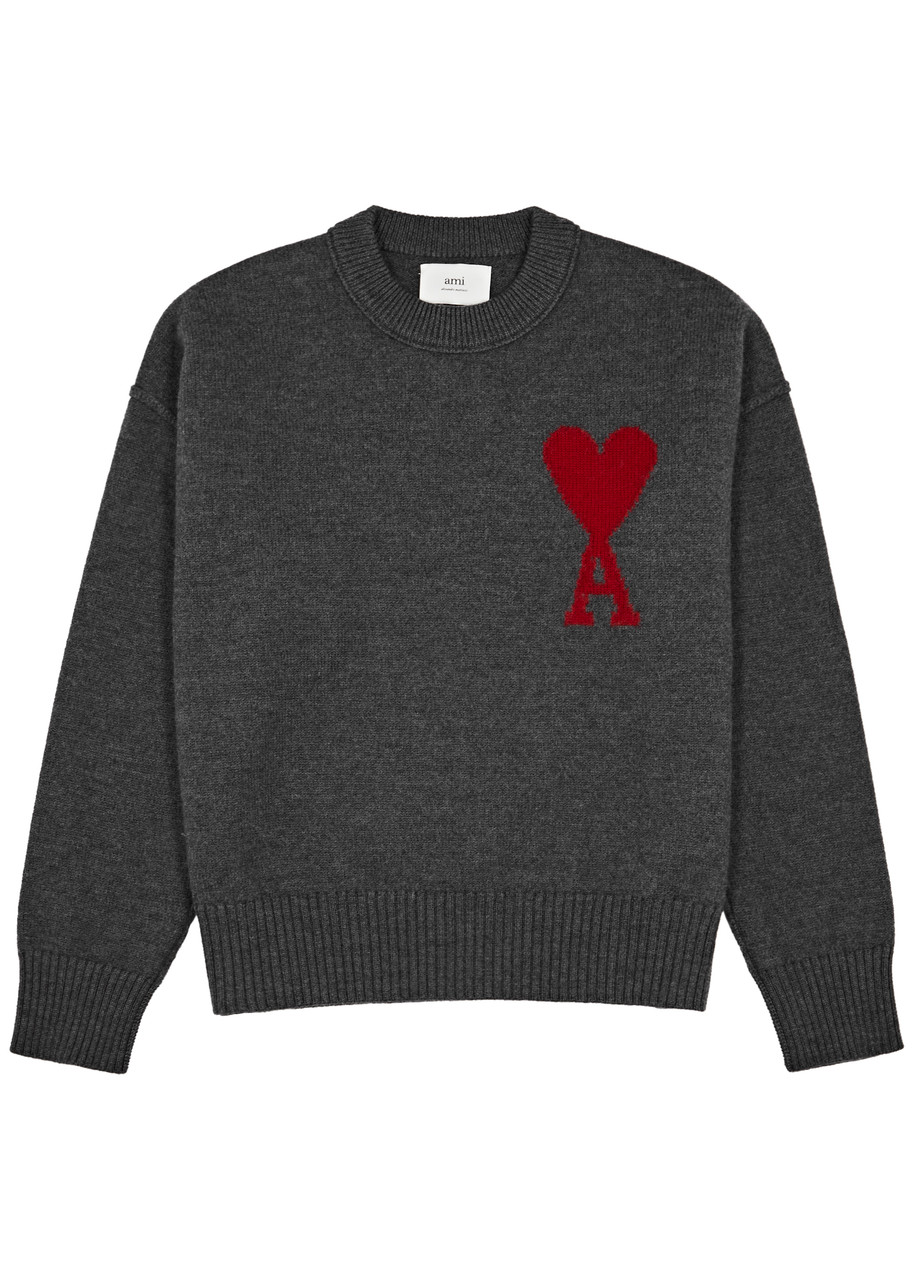 Ami Alexandre Mattiussi Ami Paris Logo-intarsia Wool Jumper In Grey