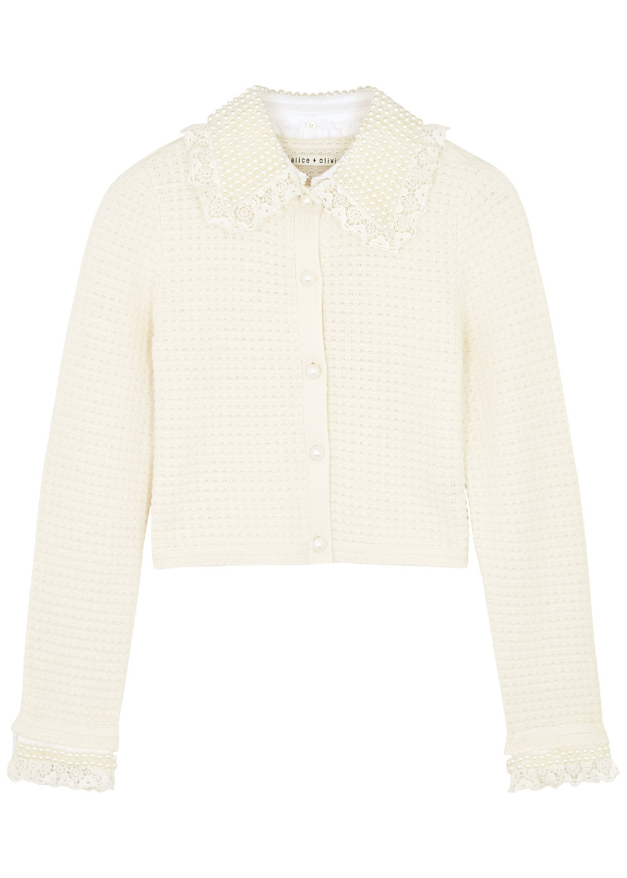 Alice And Olivia Waffle-knit Pearl-embellished Cardigan In Off