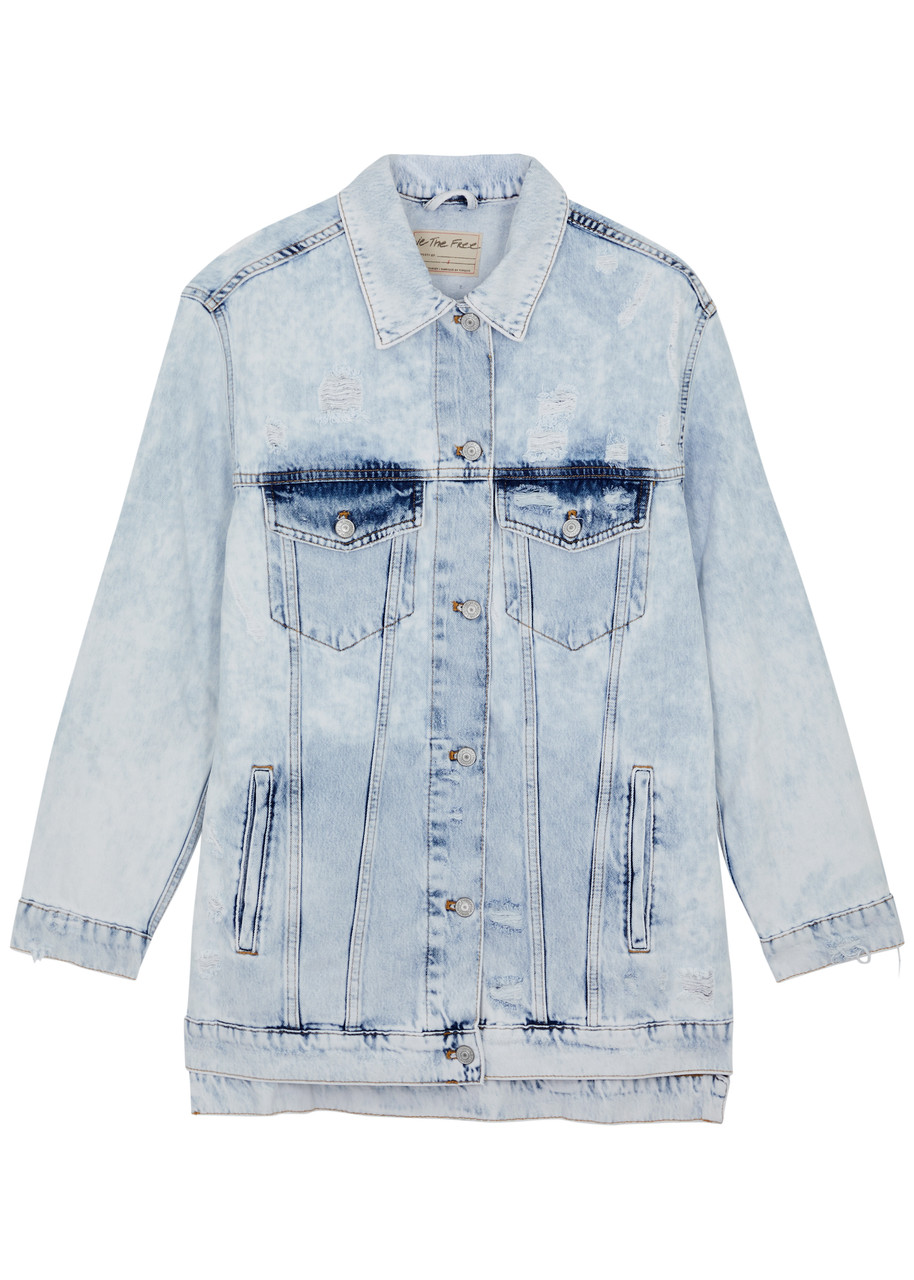 Free People Destroyed Long & Lean Denim Jacket - Light Blue - M