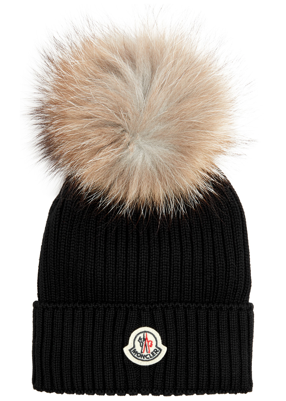 Moncler Kids Pompom Ribbed Wool Beanie - Black - 2 (S)