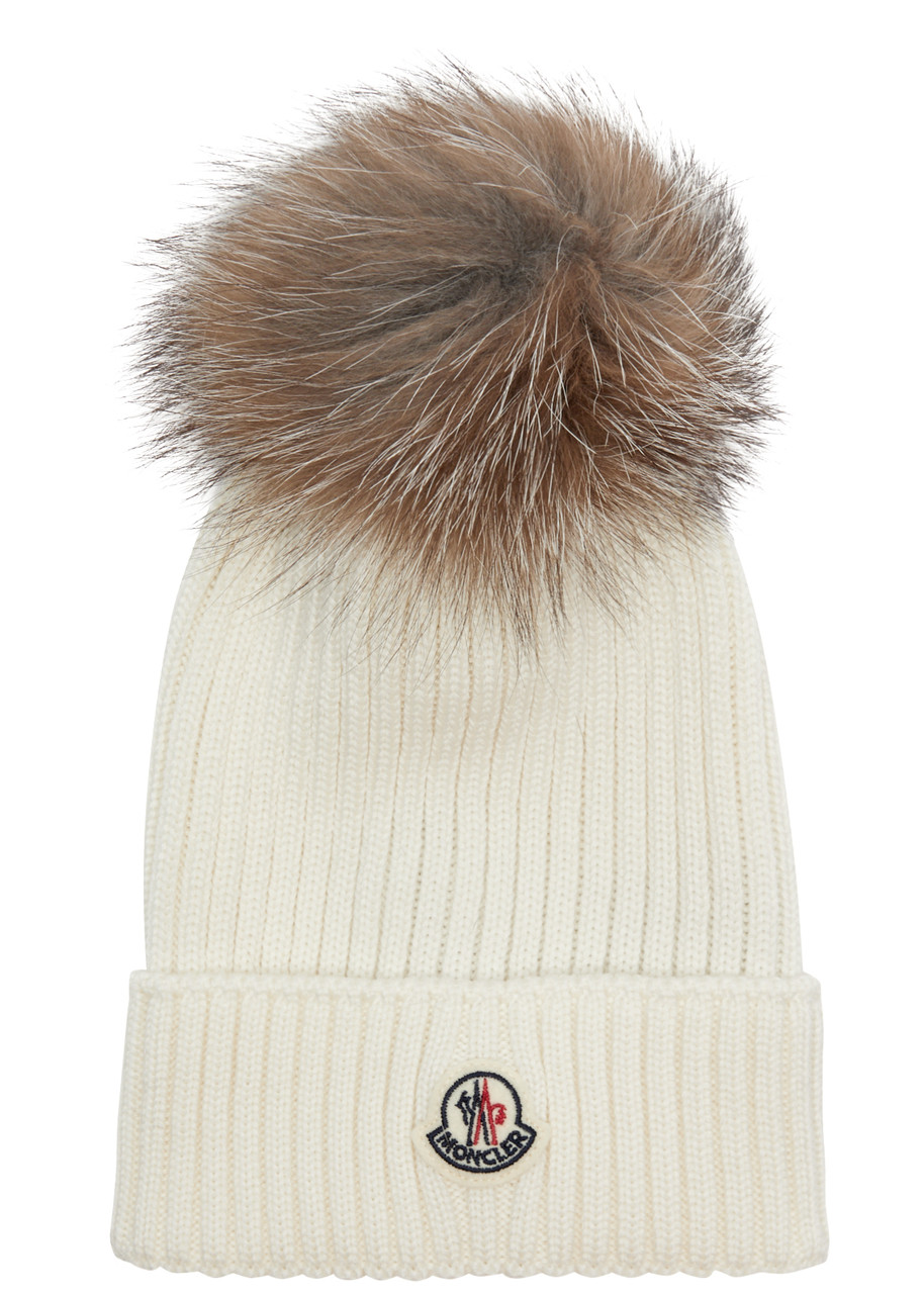 Moncler Kids Pompom Ribbed Wool Beanie In White