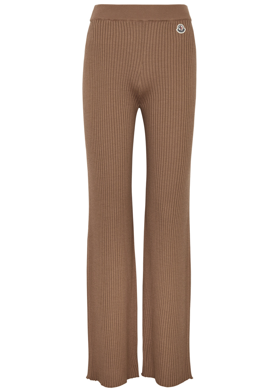 Moncler Logo-patch Ribbed-knit Trousers In Beige