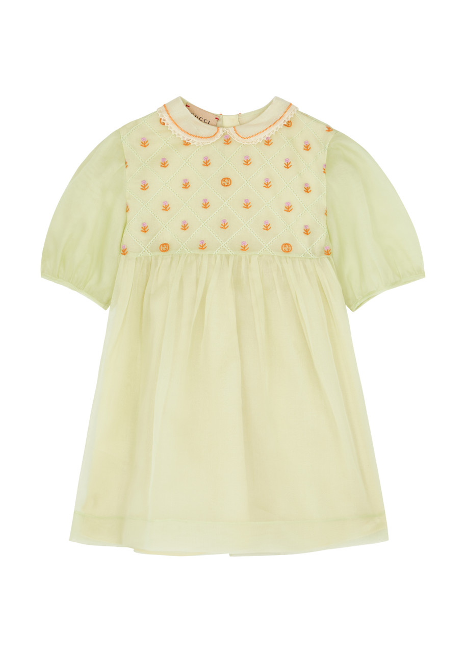 Gucci Kids Floral-embroidered Silk-organza Dress - Green - 12 Months