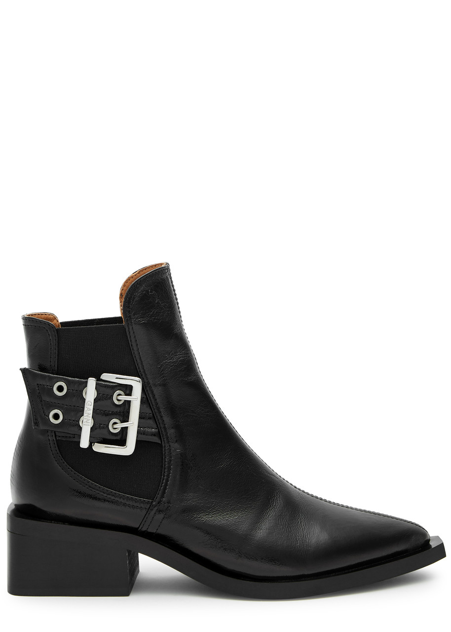 Ganni 50 Buckle-embellished Leather Chelsea Boots In Black