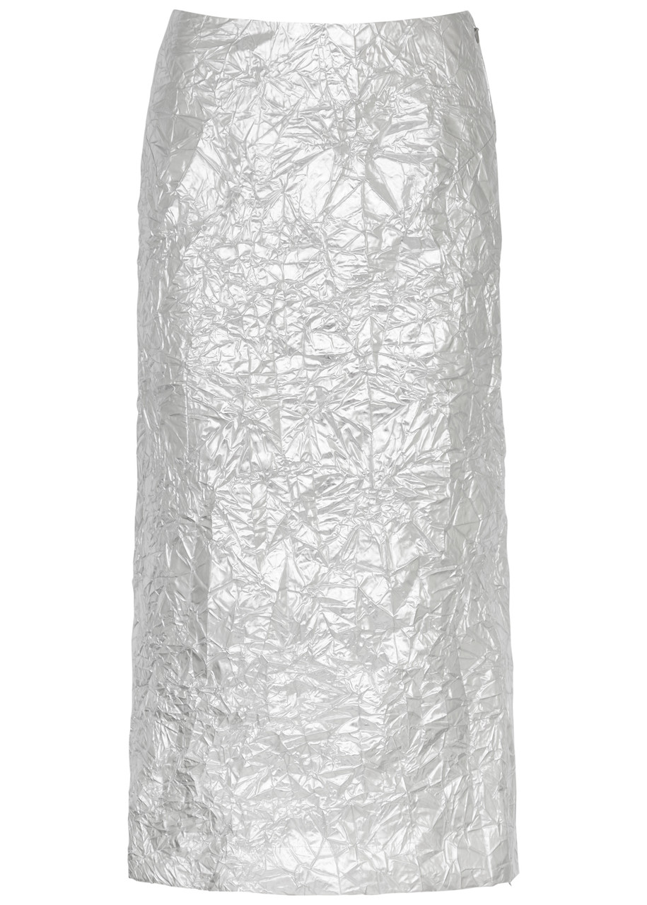 Meryll Rogge Crinkled Metallic Taffeta Midi Skirt - Silver - 12