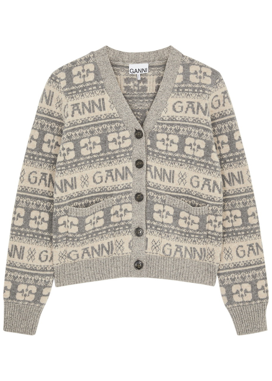 Ganni Long Sleeve Grey Logo Wool Mix Cardigan | ModeSens