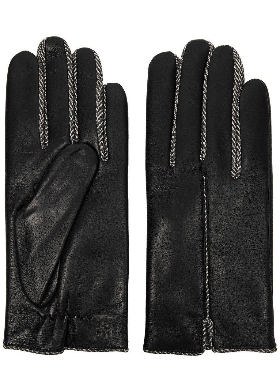 Handsome Stockholm Herringbone-trimmed Leather Gloves In Black