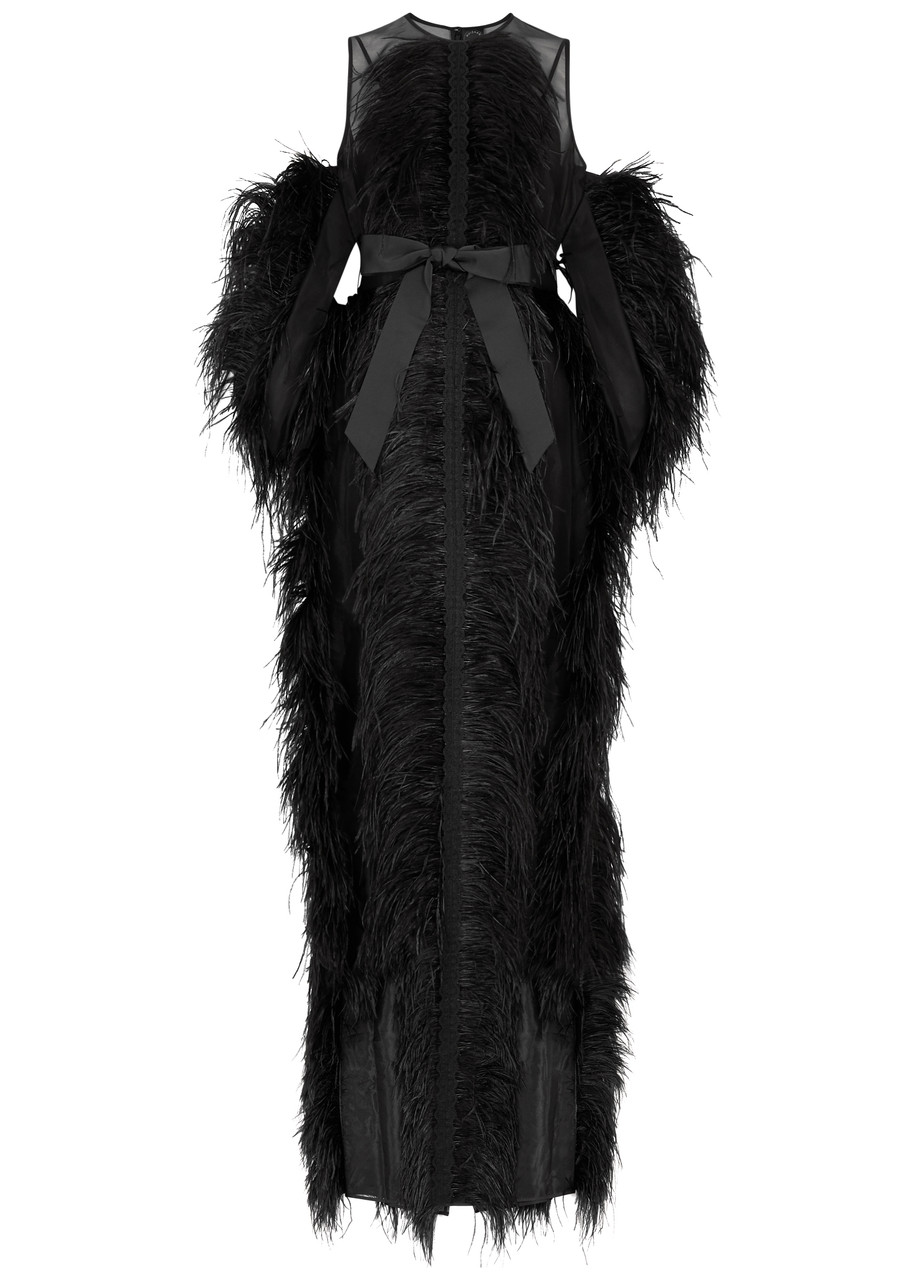 Huishan Zhang Debra Feather Cold-Shoulder Gown - Black
