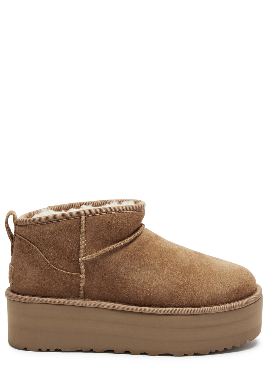 Ugg Classic Ultra Mini Suede Flatform Boots , Boots, Shearling Lining In Tan