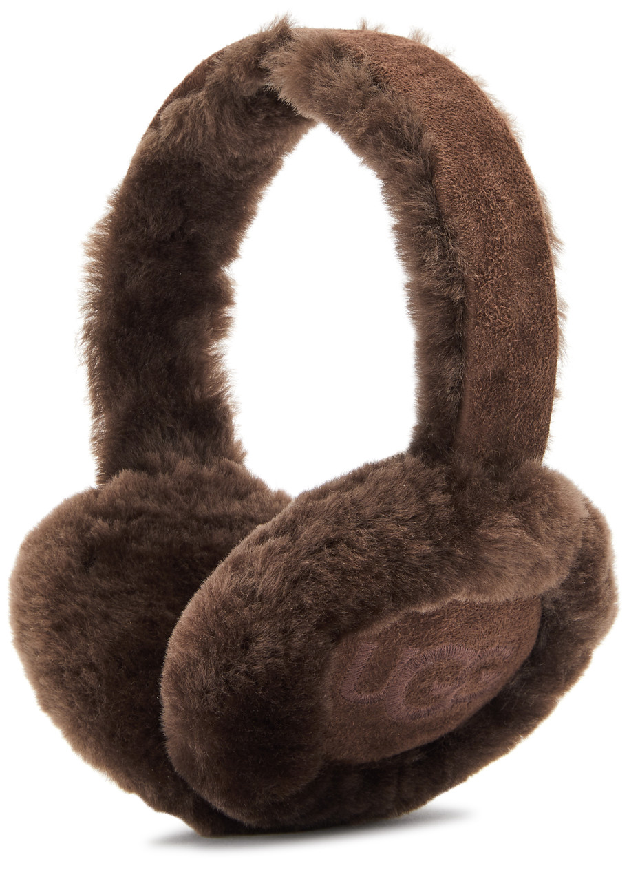 Ugg Embroidered Logo Shearling Earmuffs In Brown