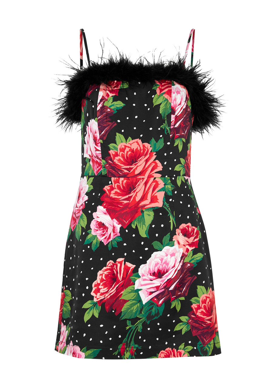 Kitri Nola Rose-print Feather-trim Minidress In Red