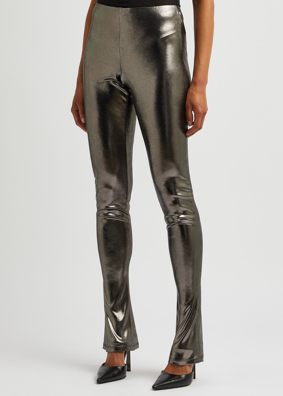 Blumarine Laminated-finish High-waisted Trousers In Silver