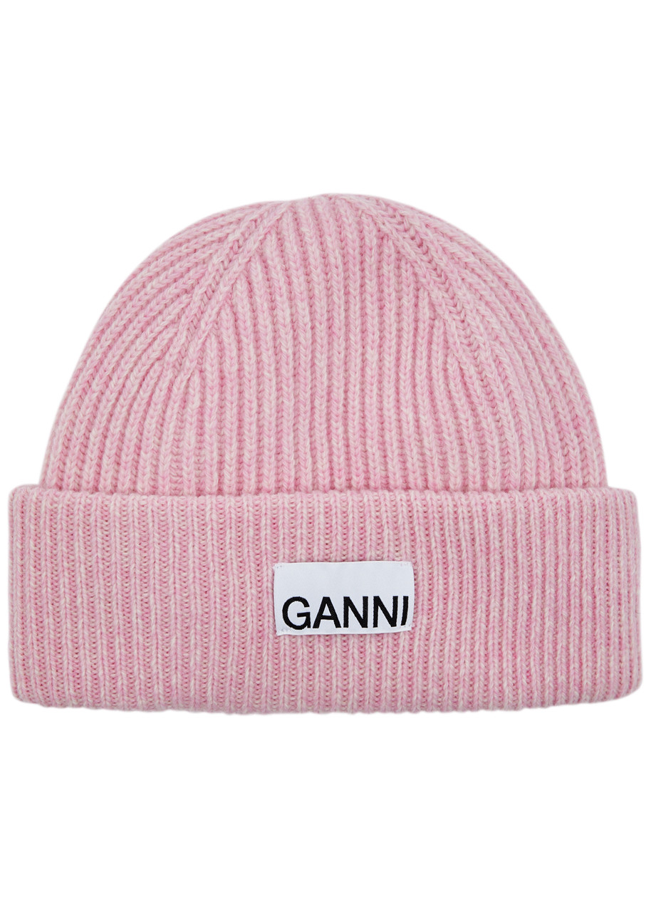 Ganni Fitted Ribbed Wool-blend Beanie In Mauve