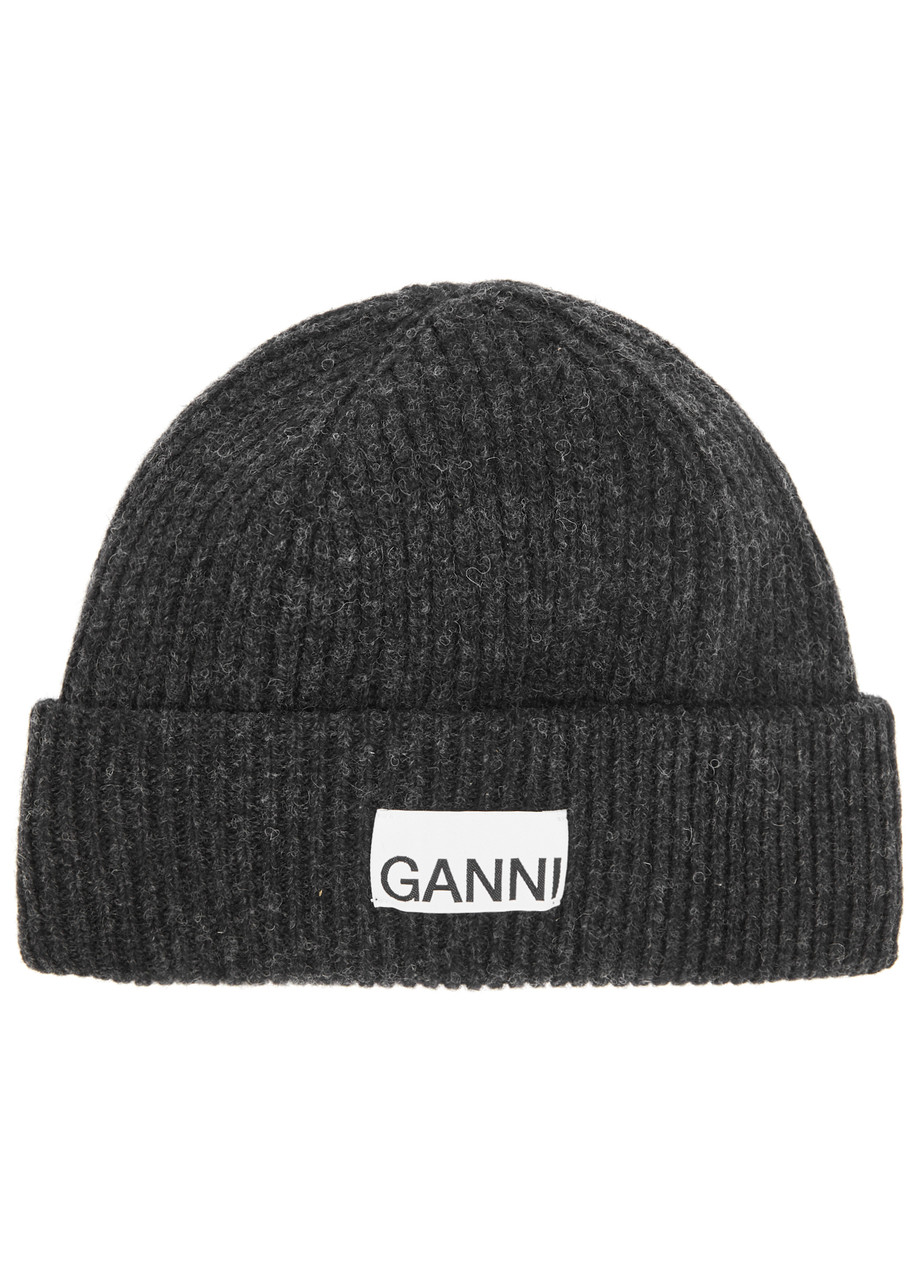 Ganni Fitted Ribbed Wool-blend Beanie In Dark Grey