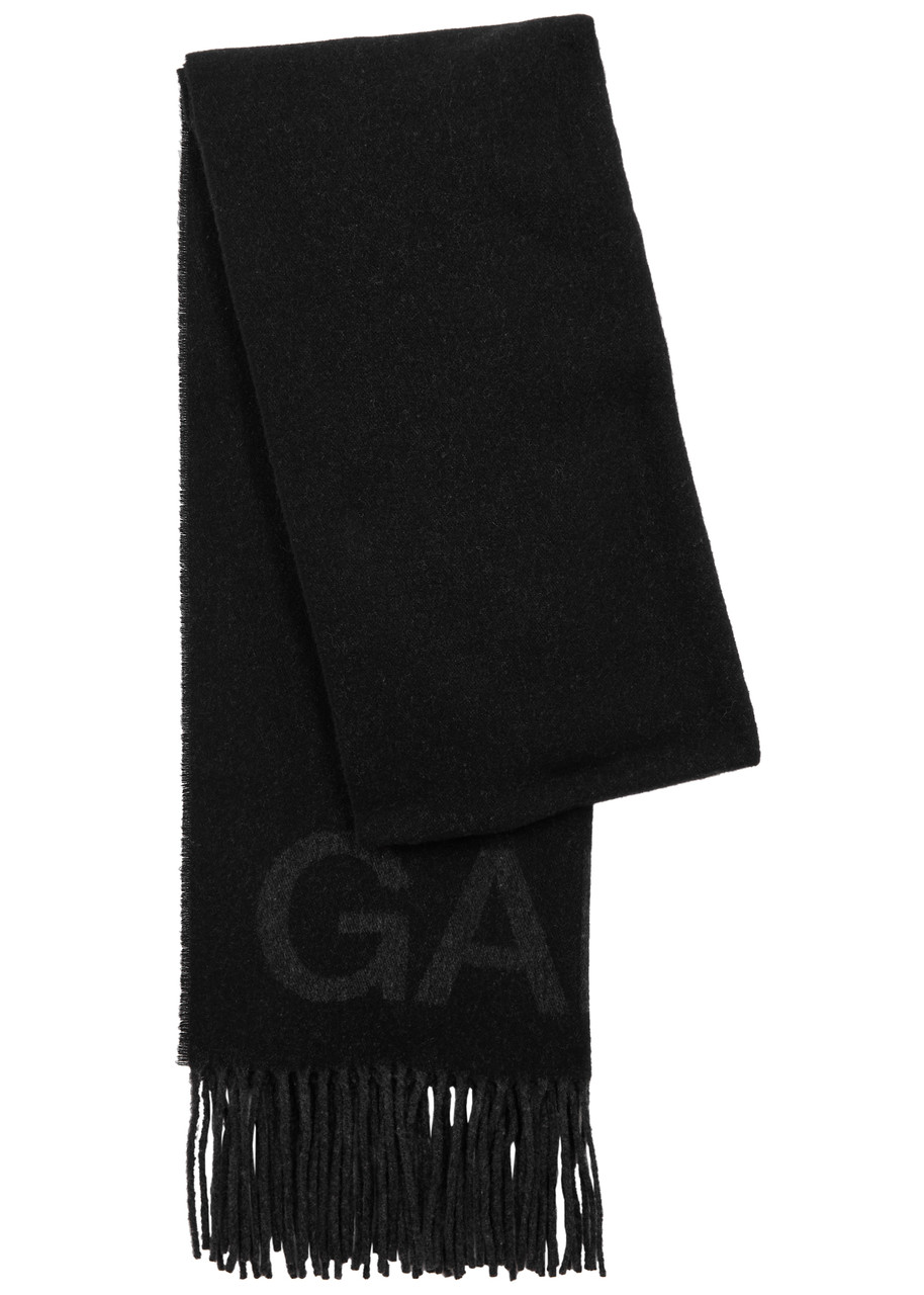 Ganni Logo-intarsia Wool Scarf In Black