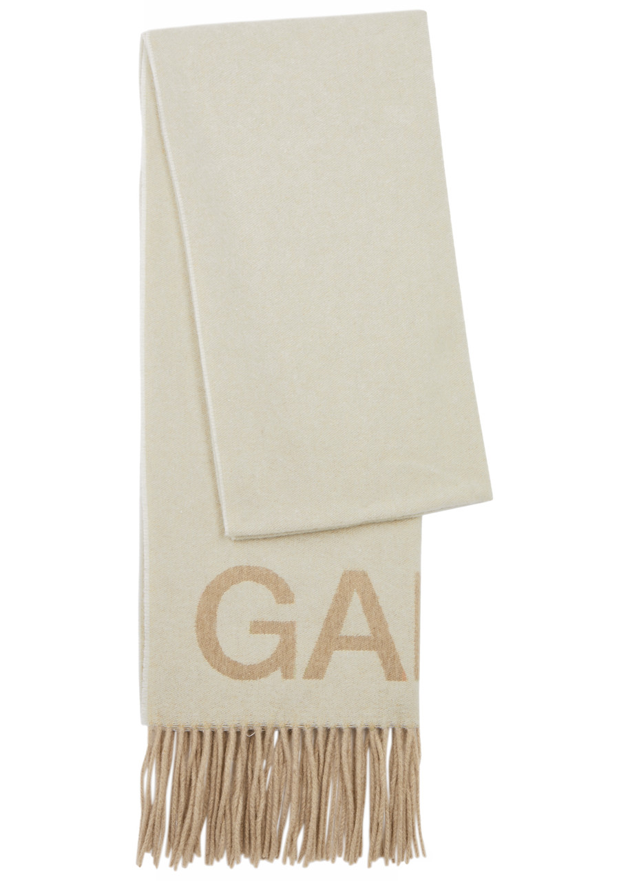 Ganni Logo-intarsia Wool Scarf In Cream