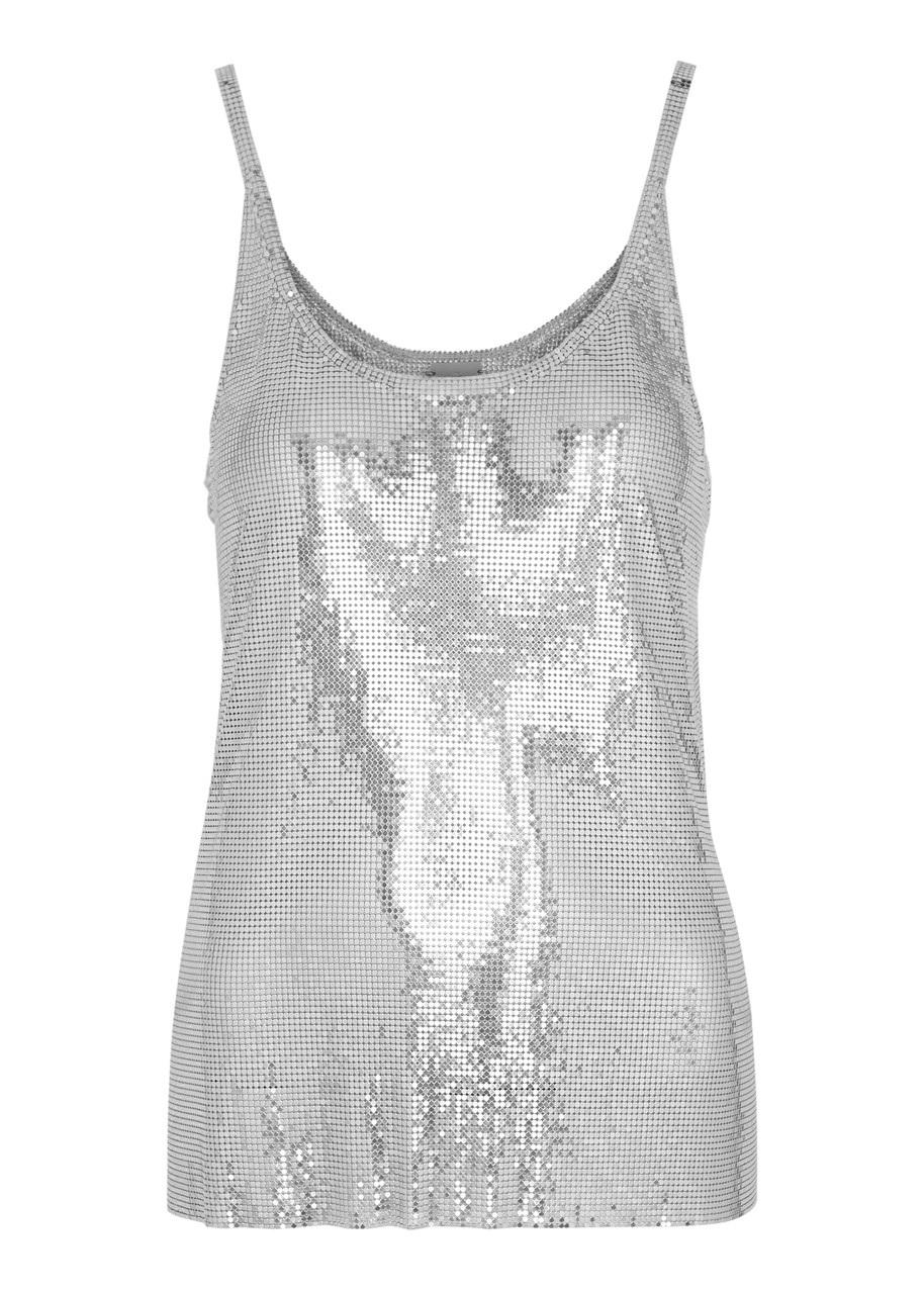 Rabanne Metallic Sleeveless Top With Spaghetti Straps And Chainmail In Tech Fabric Woman In Silver