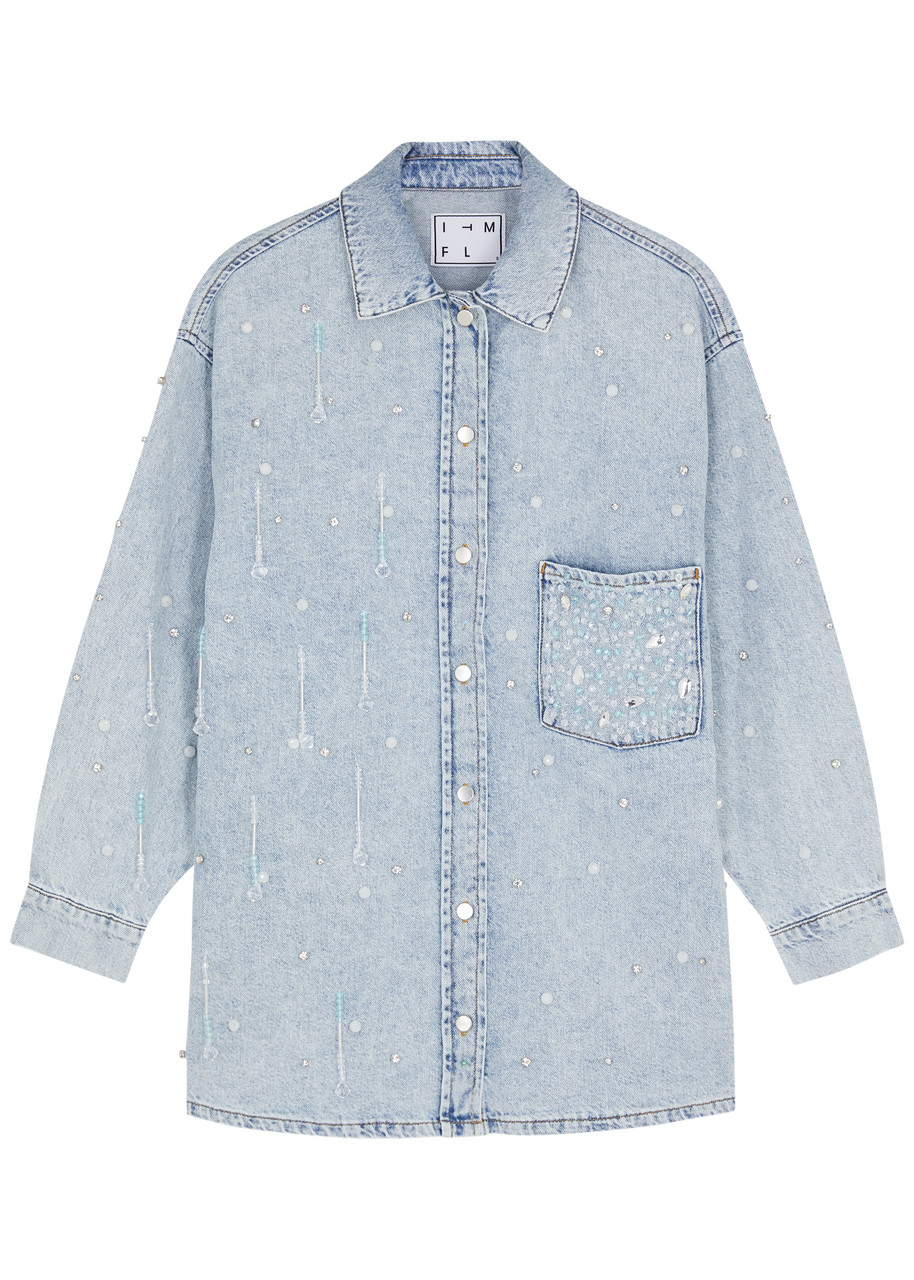 In The Mood For Love Downtown Crystal-embellished Denim Shirt In Blue