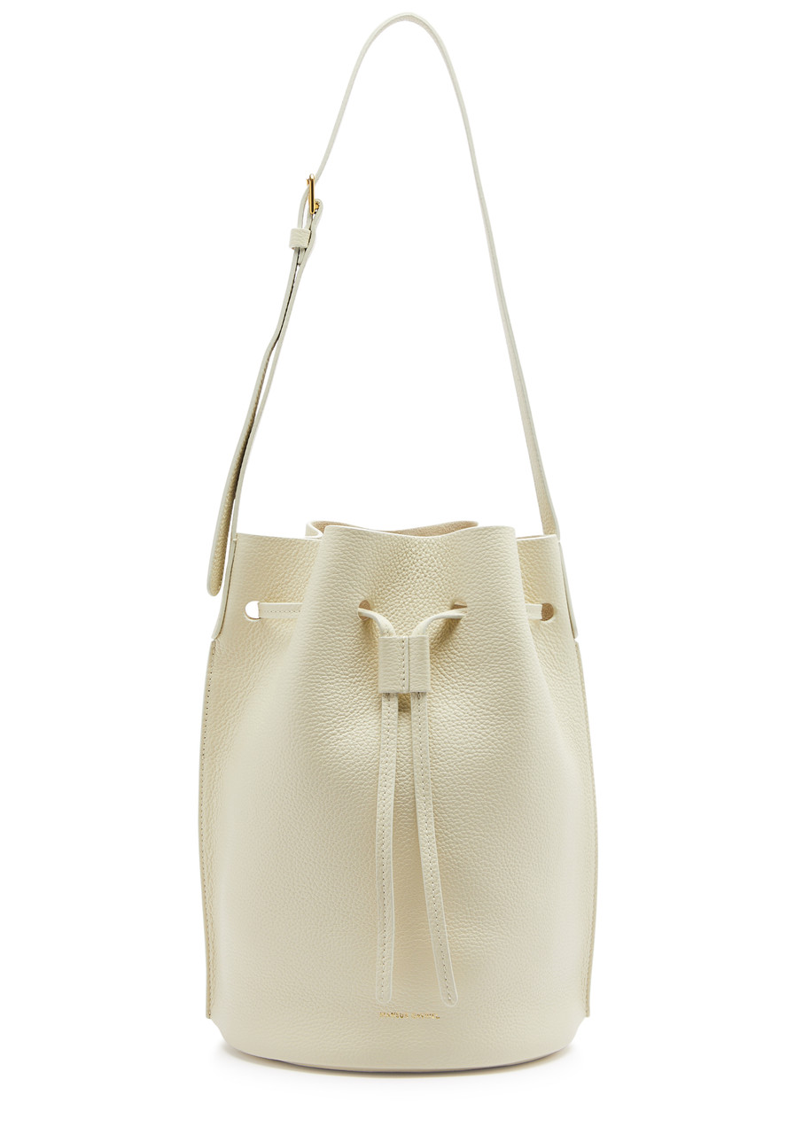 Shop Mansur Gavriel Champagne Leather Bucket Bag In White