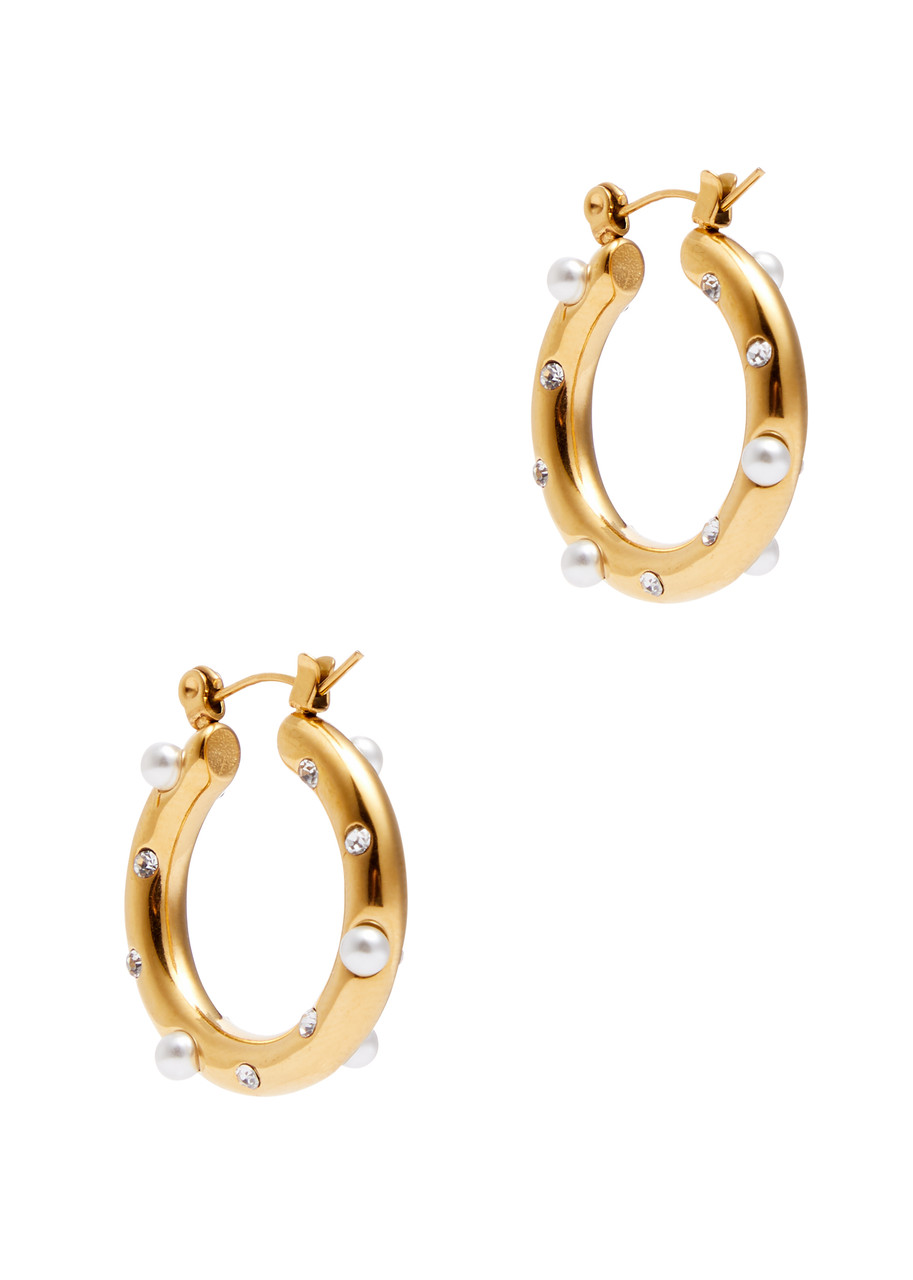 Kenneth Jay Lane Pearl And Crystal-embellished Hoop Earrings In Gold