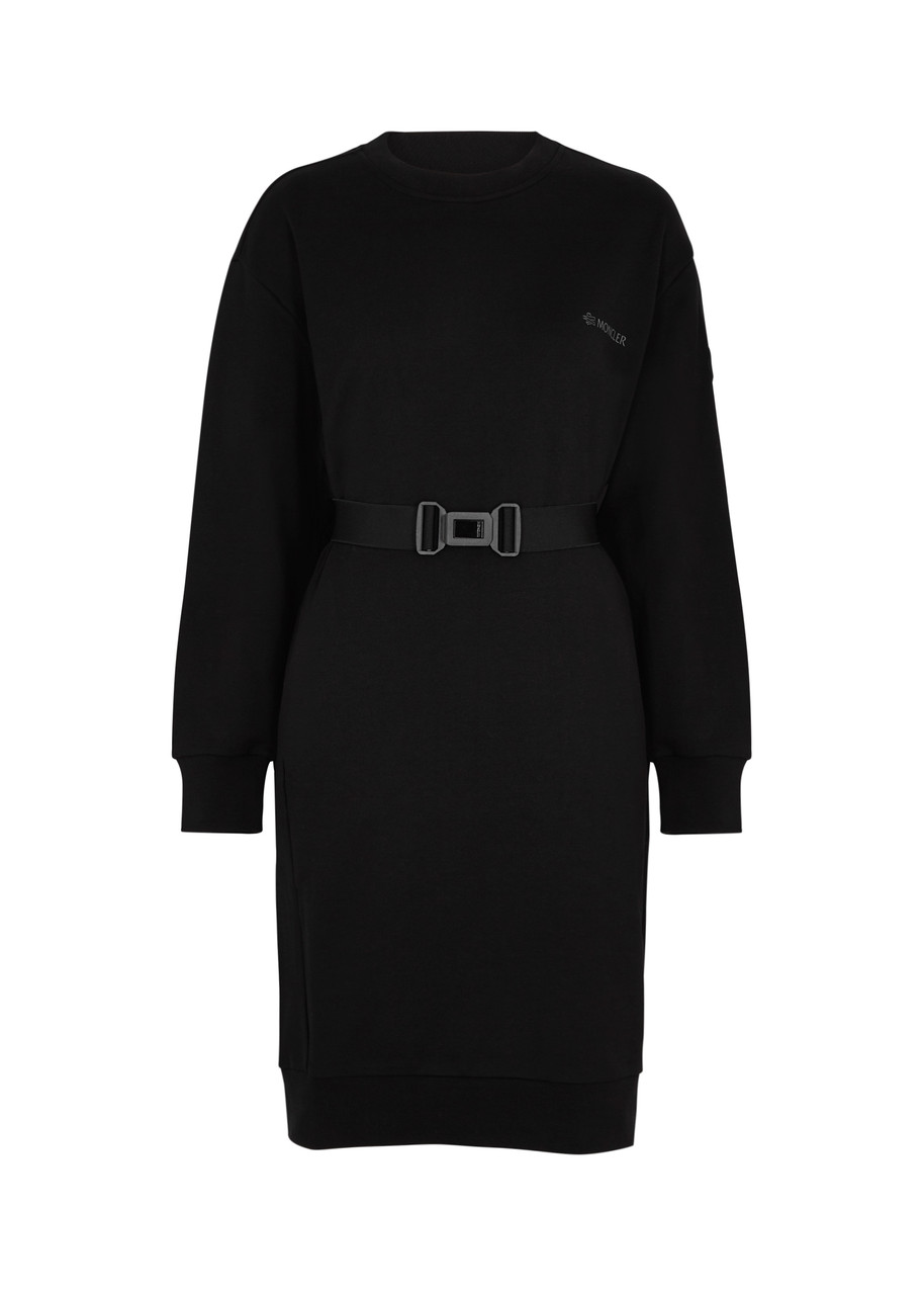 Moncler Belted Logo Cotton Jumper Dress In Black