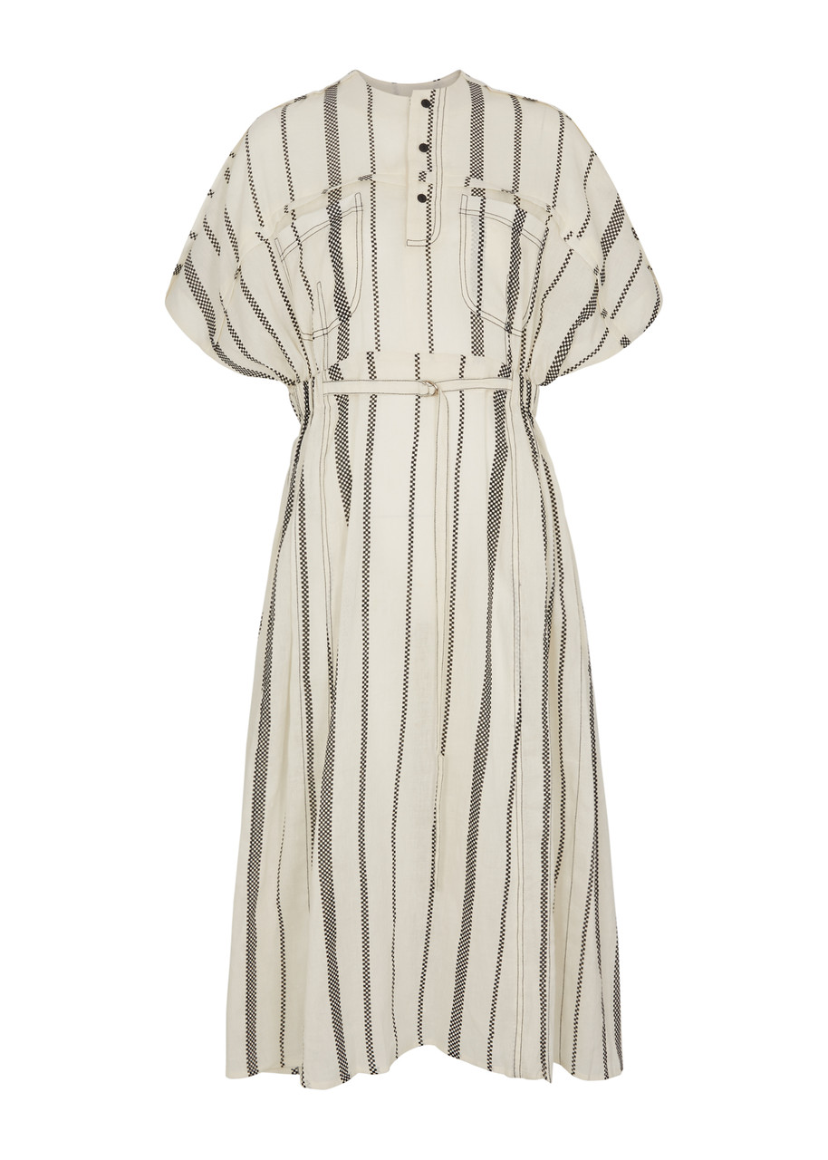 Lovebirds Striped Linen-blend Midi Dress In Neutral