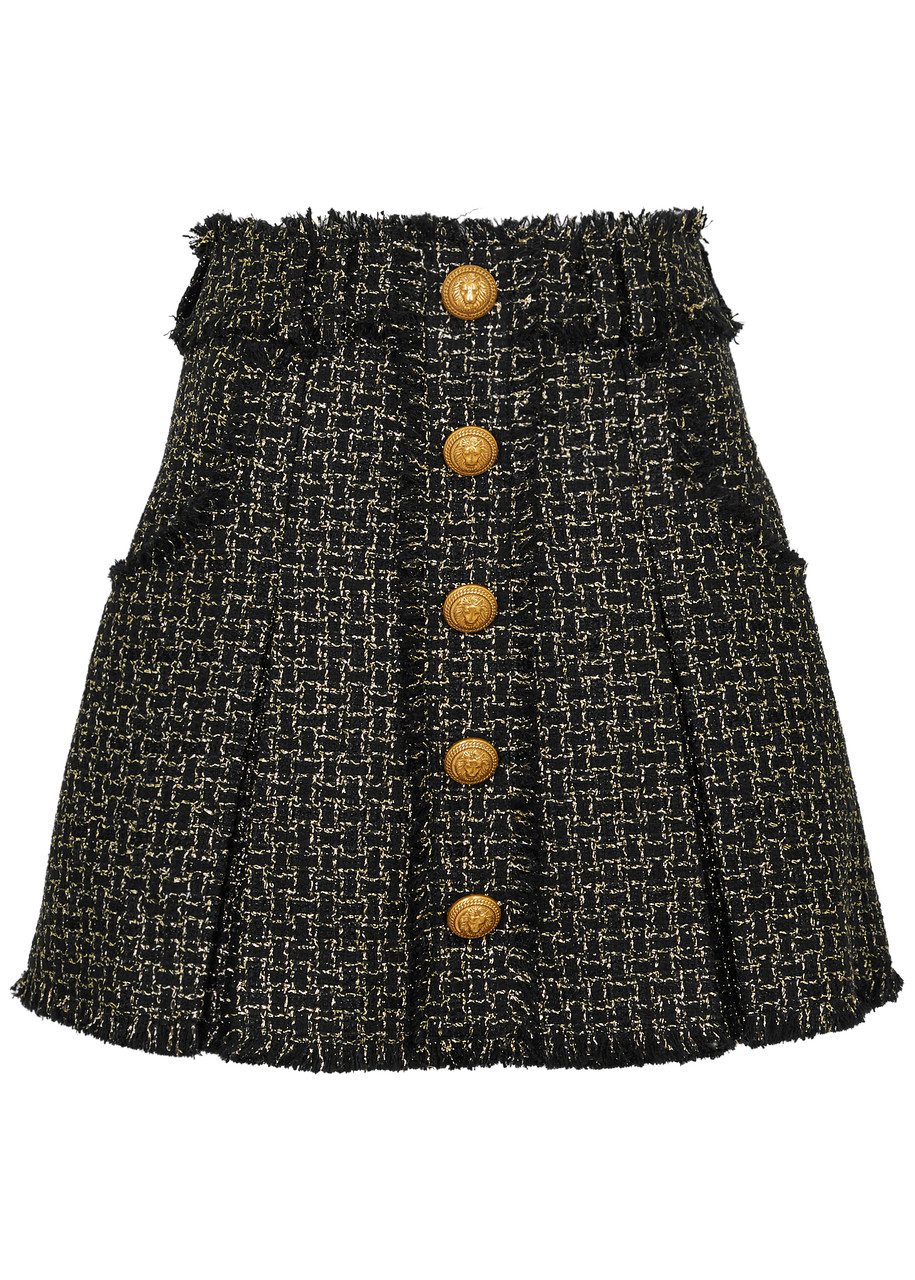 Balmain Button-embellished Pleated Metallic Tweed Mini Skirt In Black