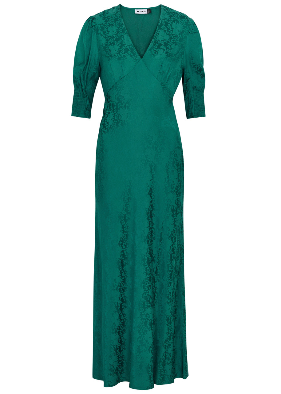 Shop Rixo London Rixo Zadie Floral-jacquard Satin Maxi Dress In Green