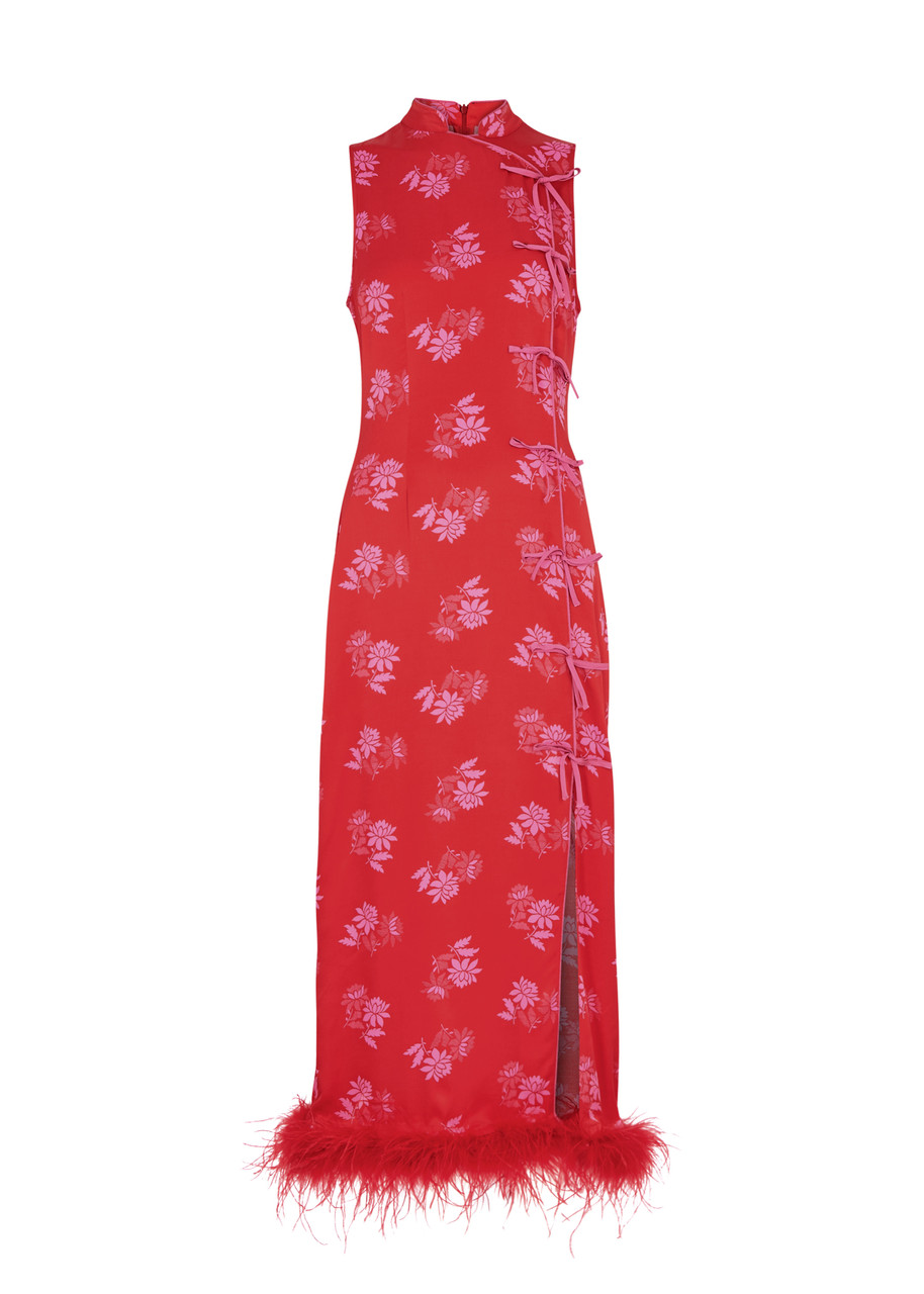 Kitri Myla Floral-jacquard Satin Midi Dress In Red